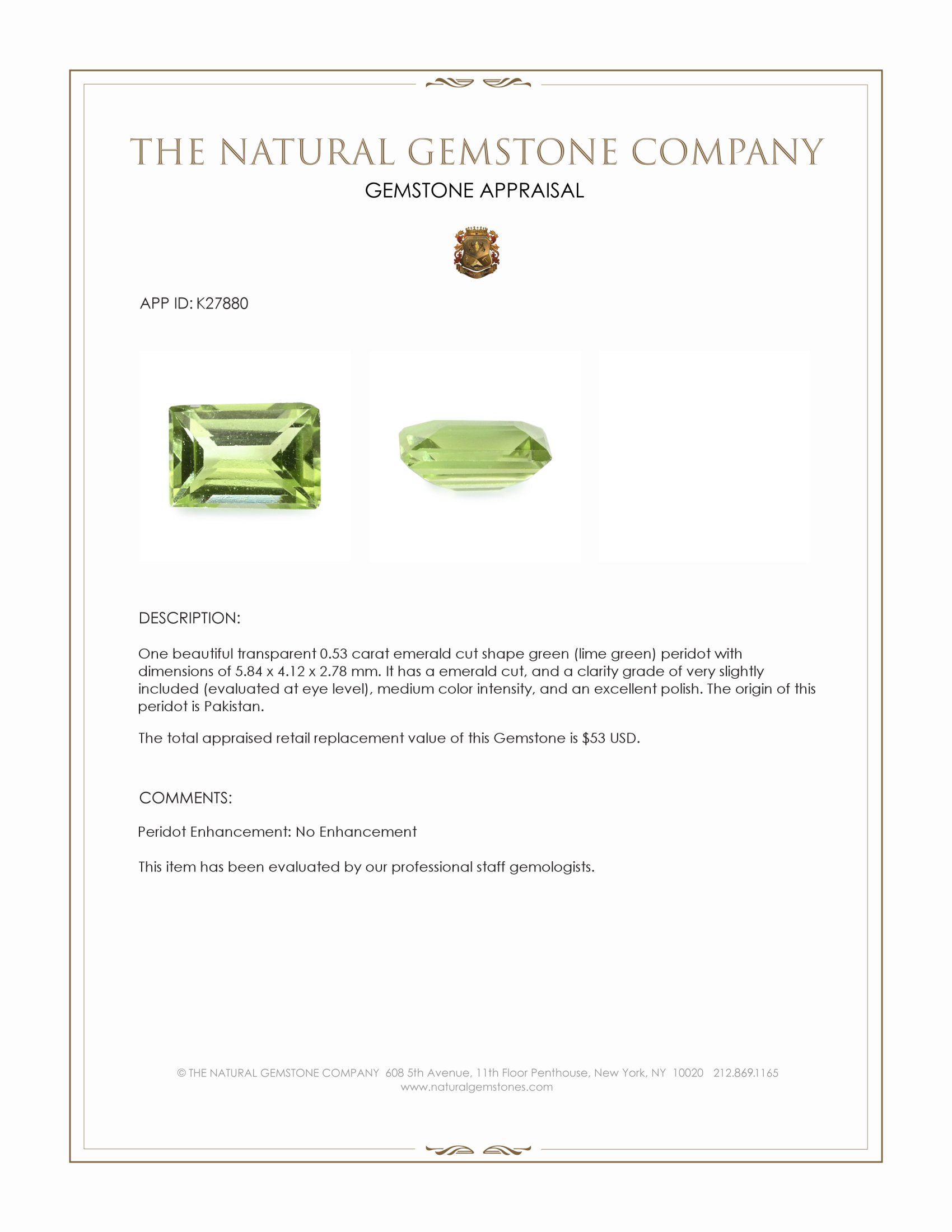 0.53 Ct. Green (Lime Green) Peridot from Pakistan