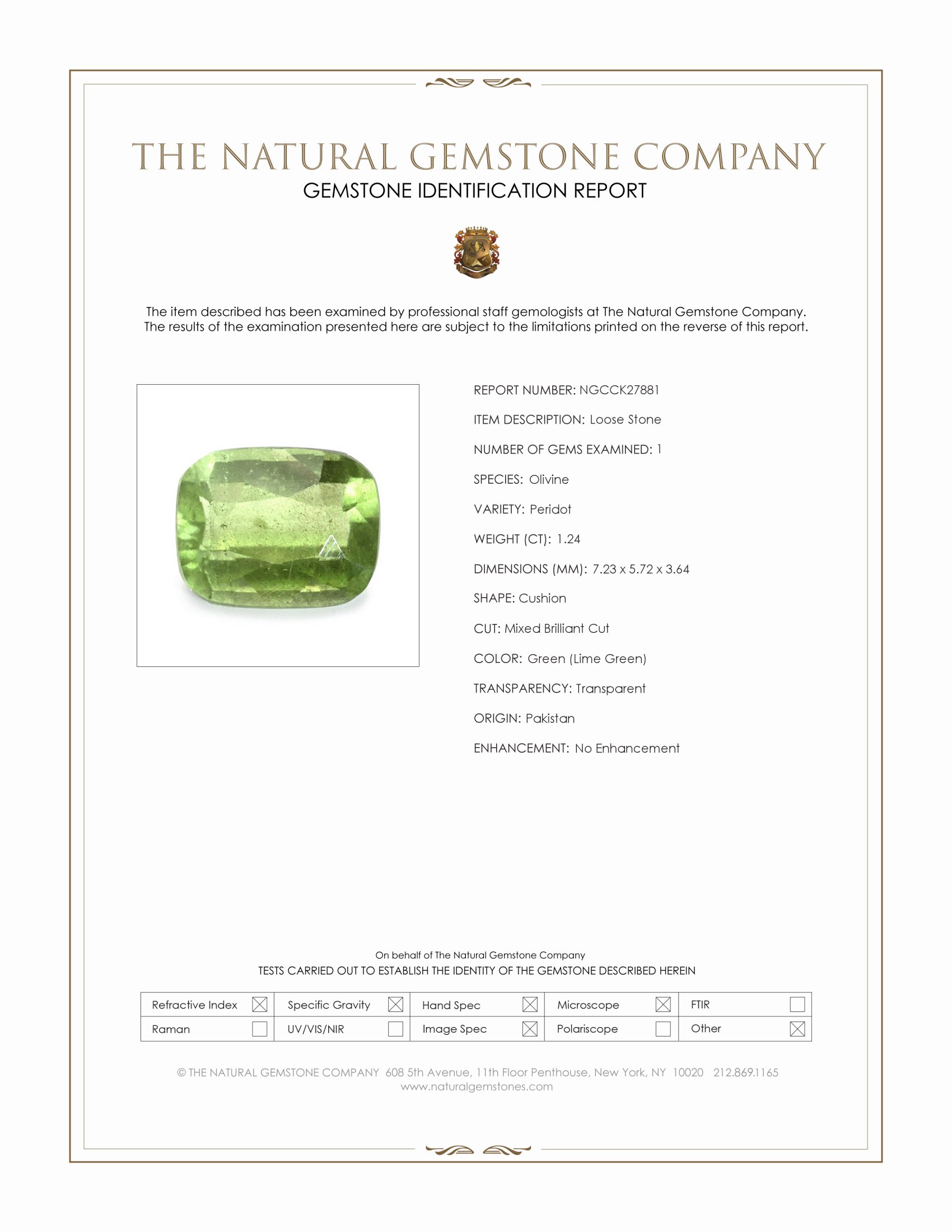 1.24 Ct. Green (Lime Green) Peridot from Pakistan