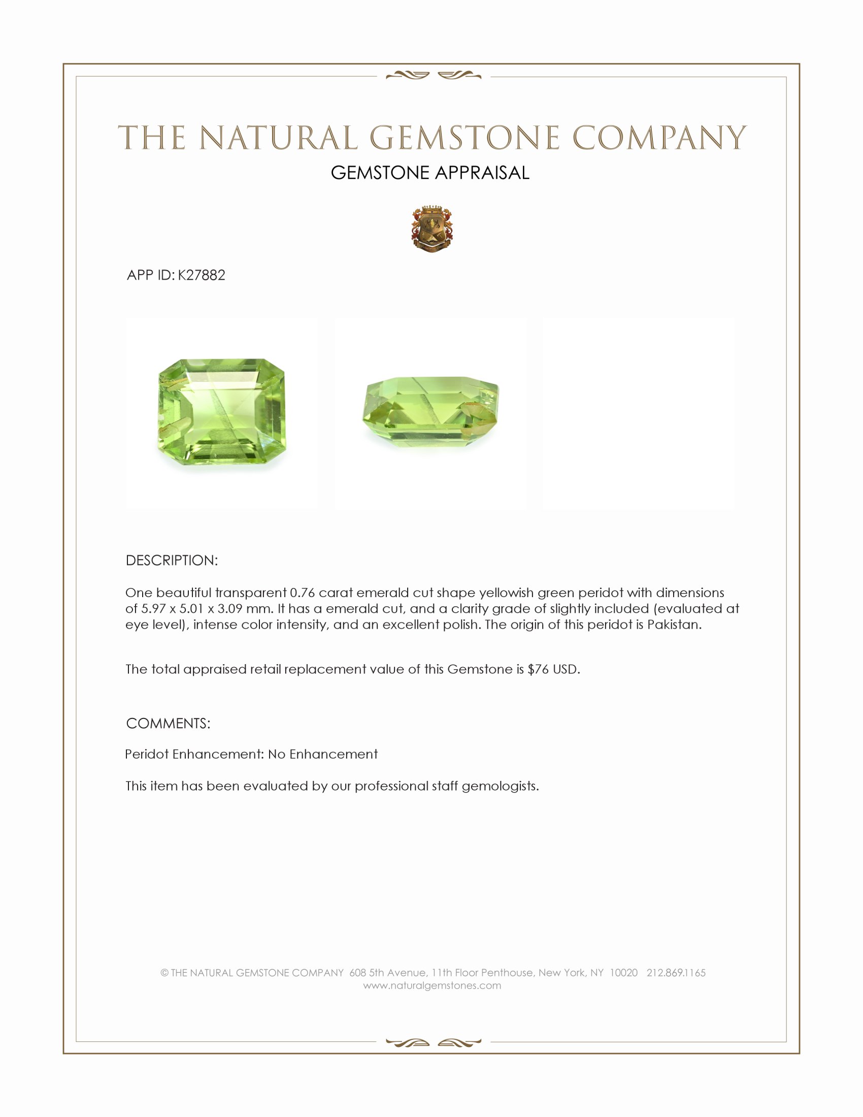 0.76 Ct. Yellowish Green Peridot from Pakistan