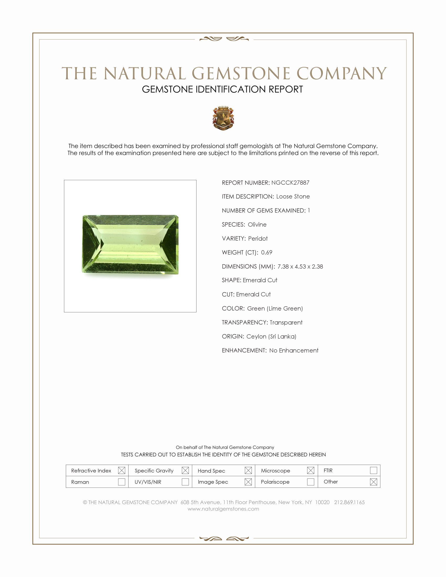 0.69 Ct. Green (Lime Green) Peridot from Ceylon (Sri Lanka)