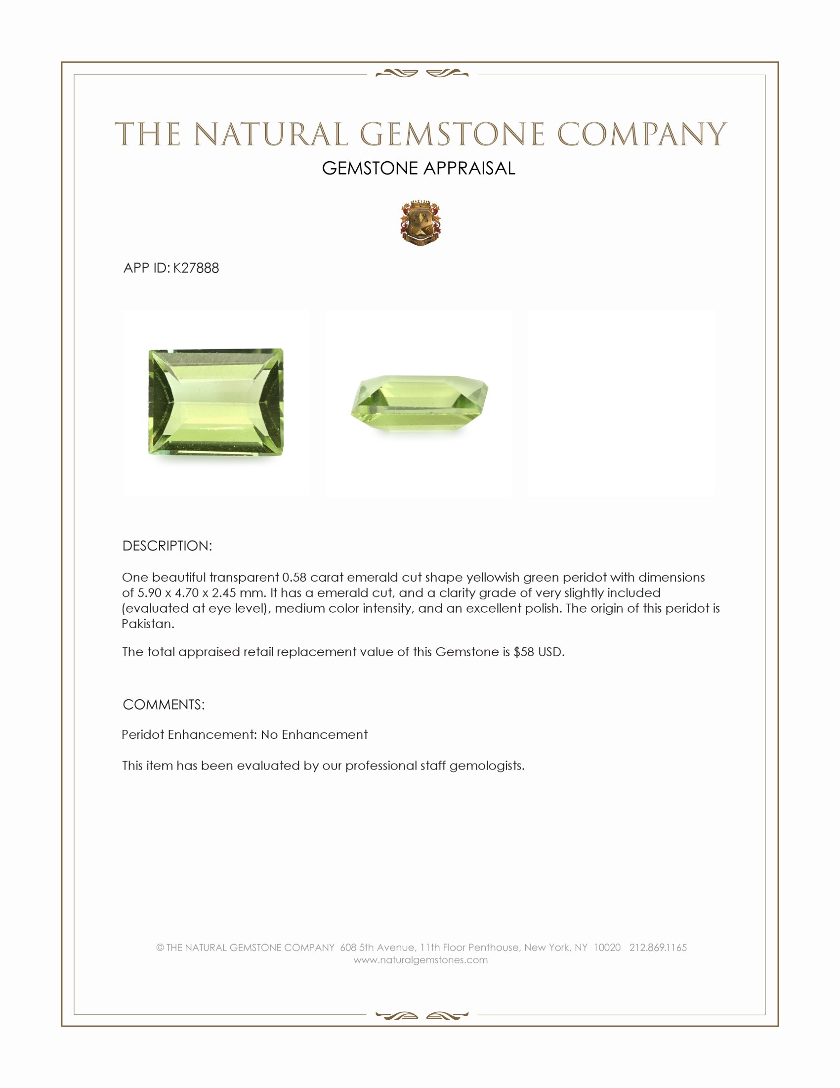 0.58 Ct. Yellowish Green Peridot from Pakistan