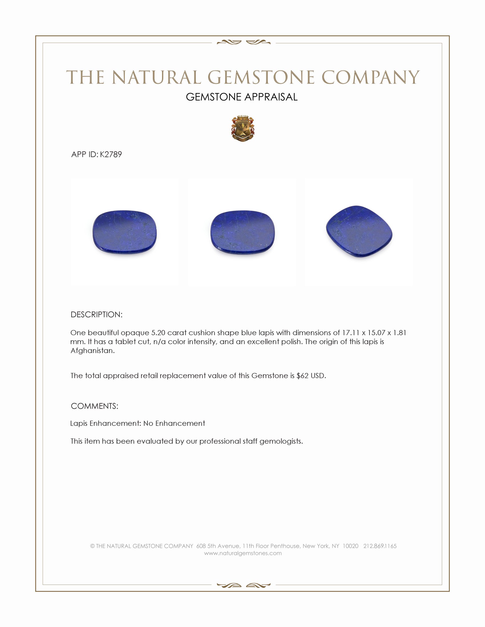 5.20 Ct. Lapis from Afghanistan