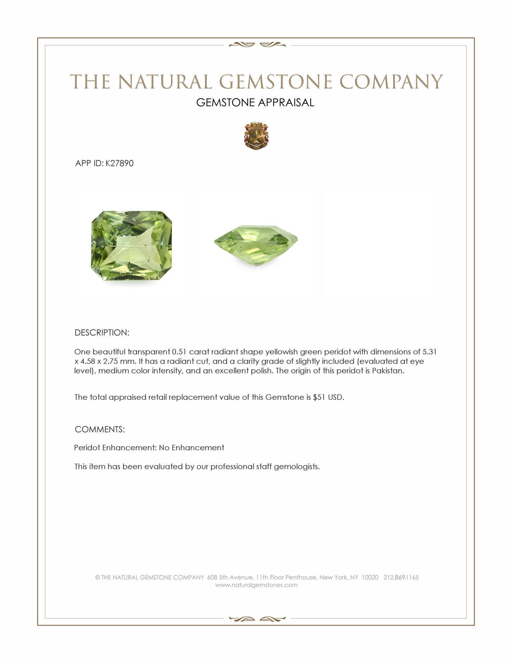 0.51 Ct. Yellowish Green Peridot from Pakistan