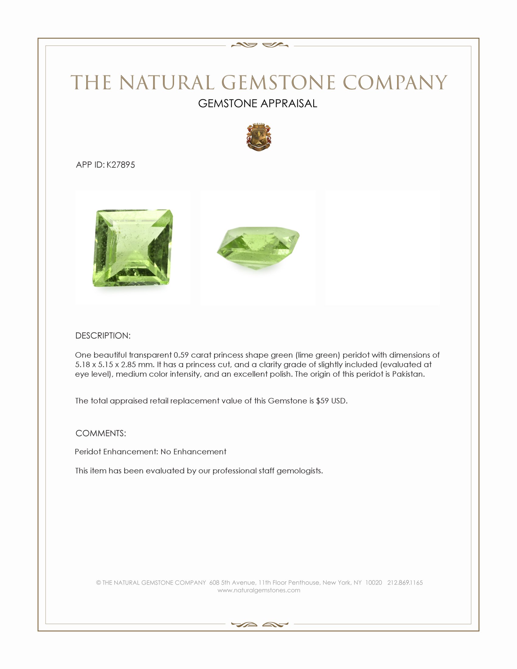 0.59 Ct. Green (Lime Green) Peridot from Pakistan
