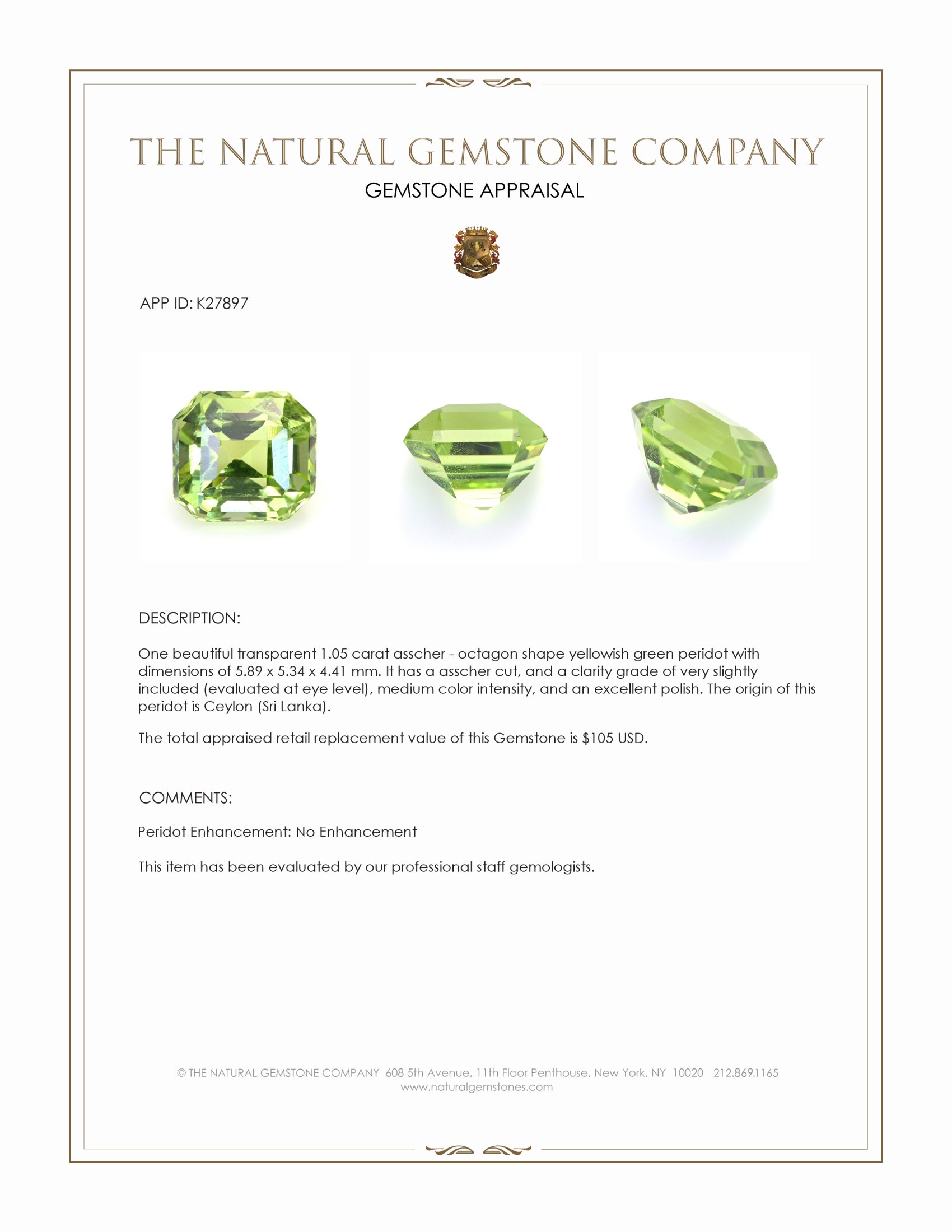 1.05 Ct. Yellowish Green Peridot from Ceylon (Sri Lanka)
