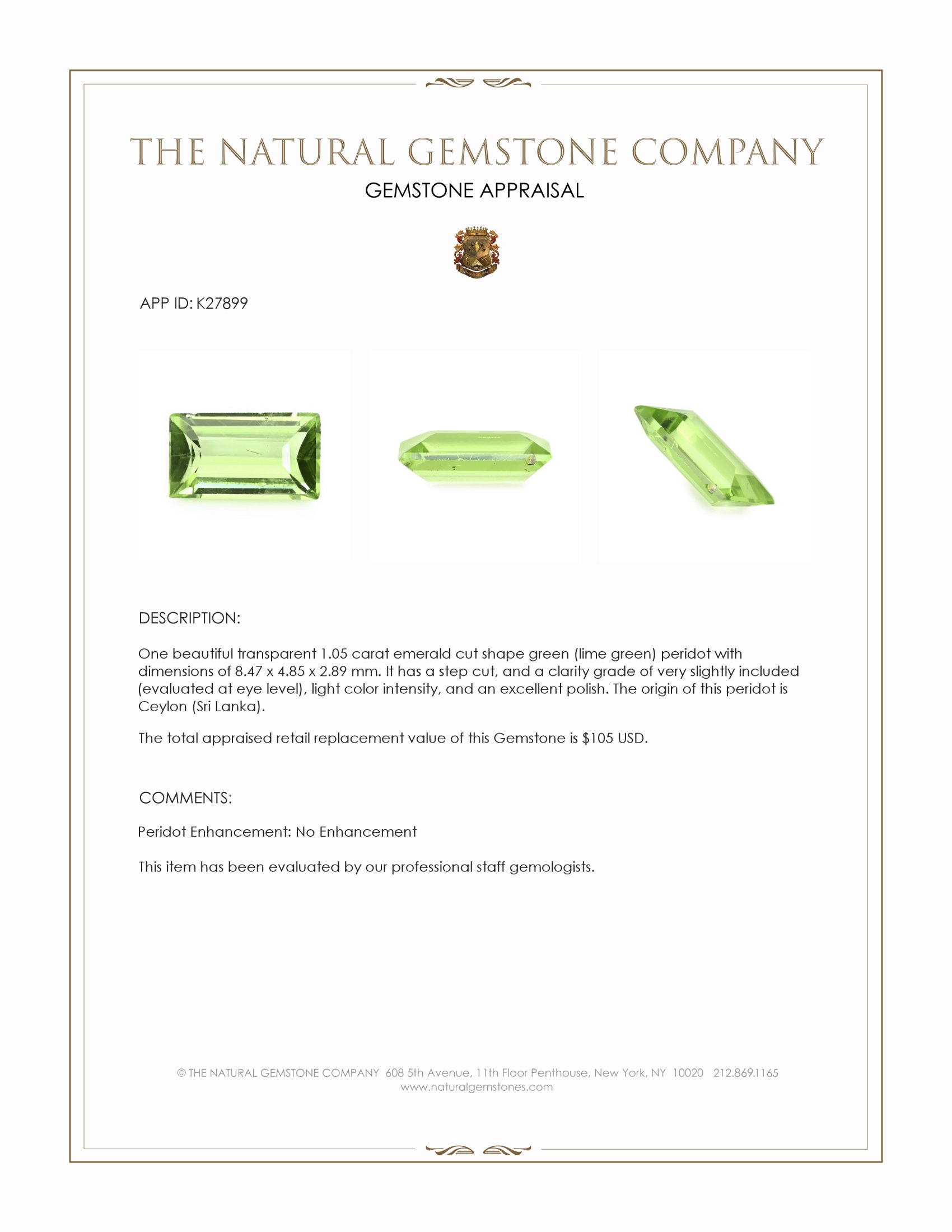 1.05 Ct. Green (Lime Green) Peridot from Ceylon (Sri Lanka)