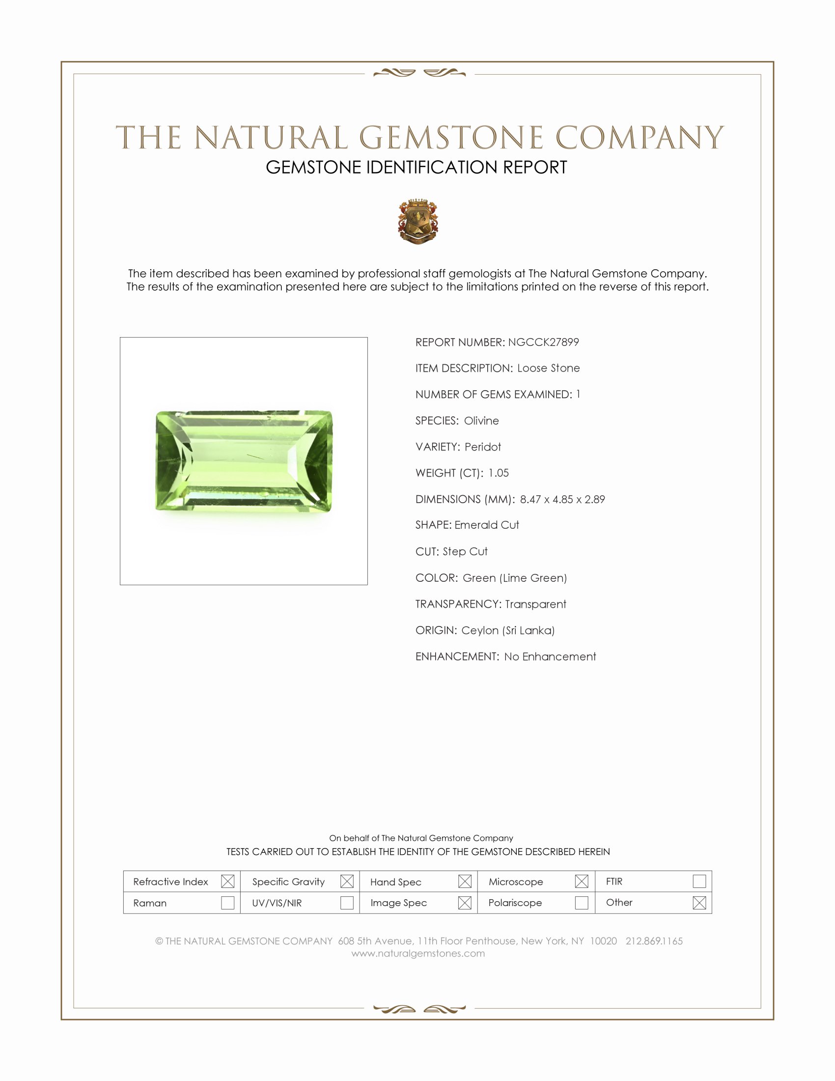 1.05 Ct. Green (Lime Green) Peridot from Ceylon (Sri Lanka)