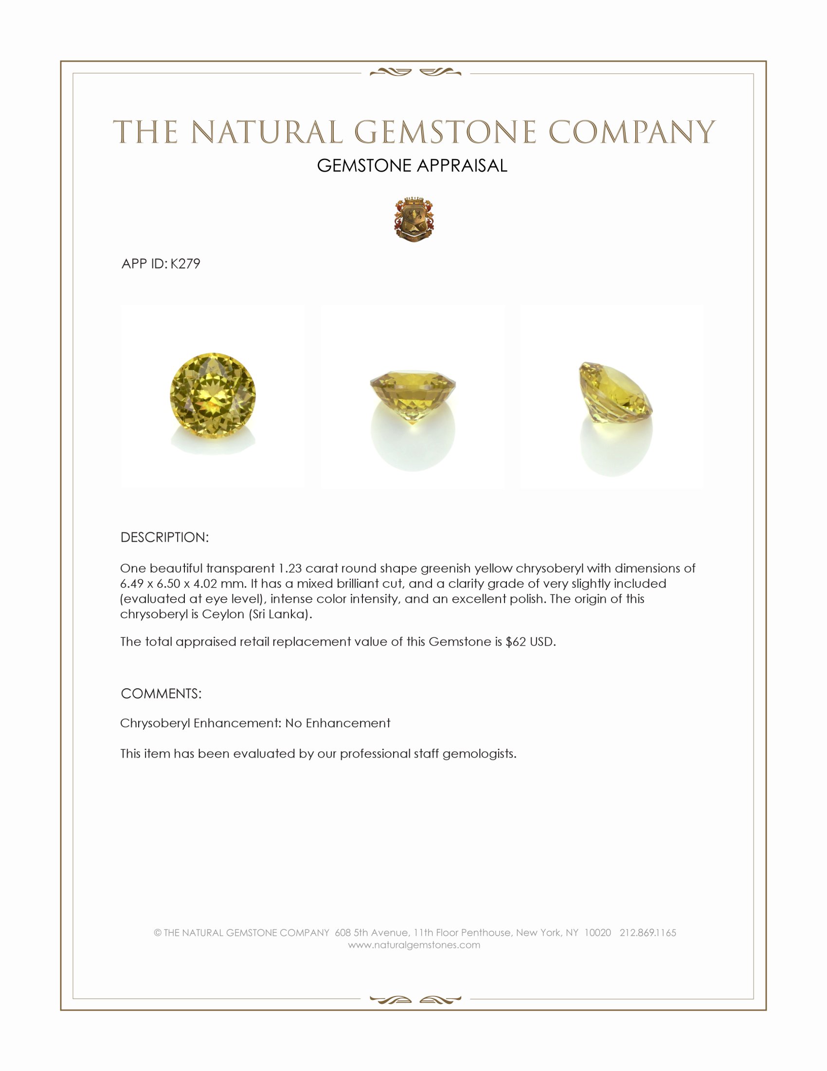 1.23 Ct. Greenish Yellow Chrysoberyl from Ceylon (Sri Lanka)