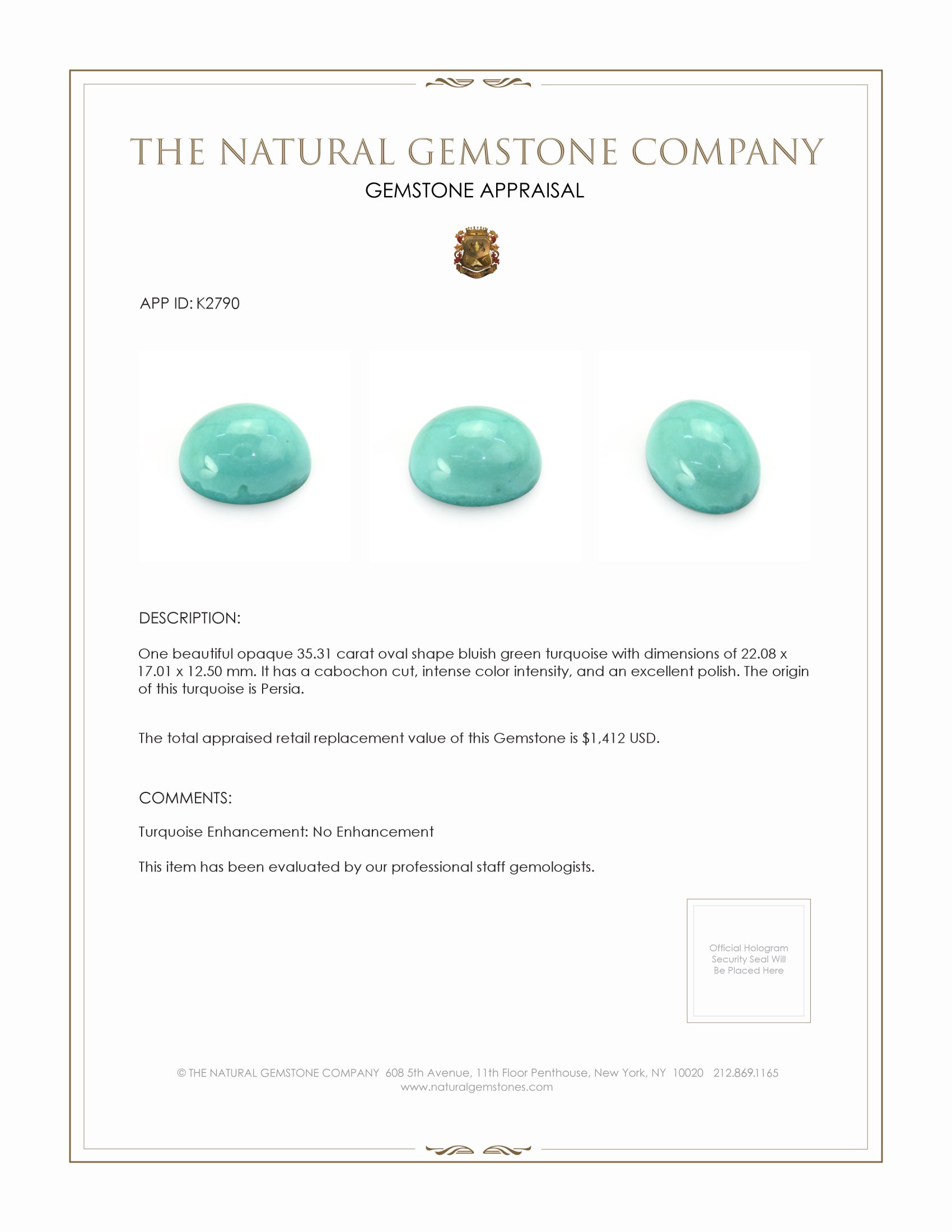 35.31 Ct. Cabochon Turquoise from Persia