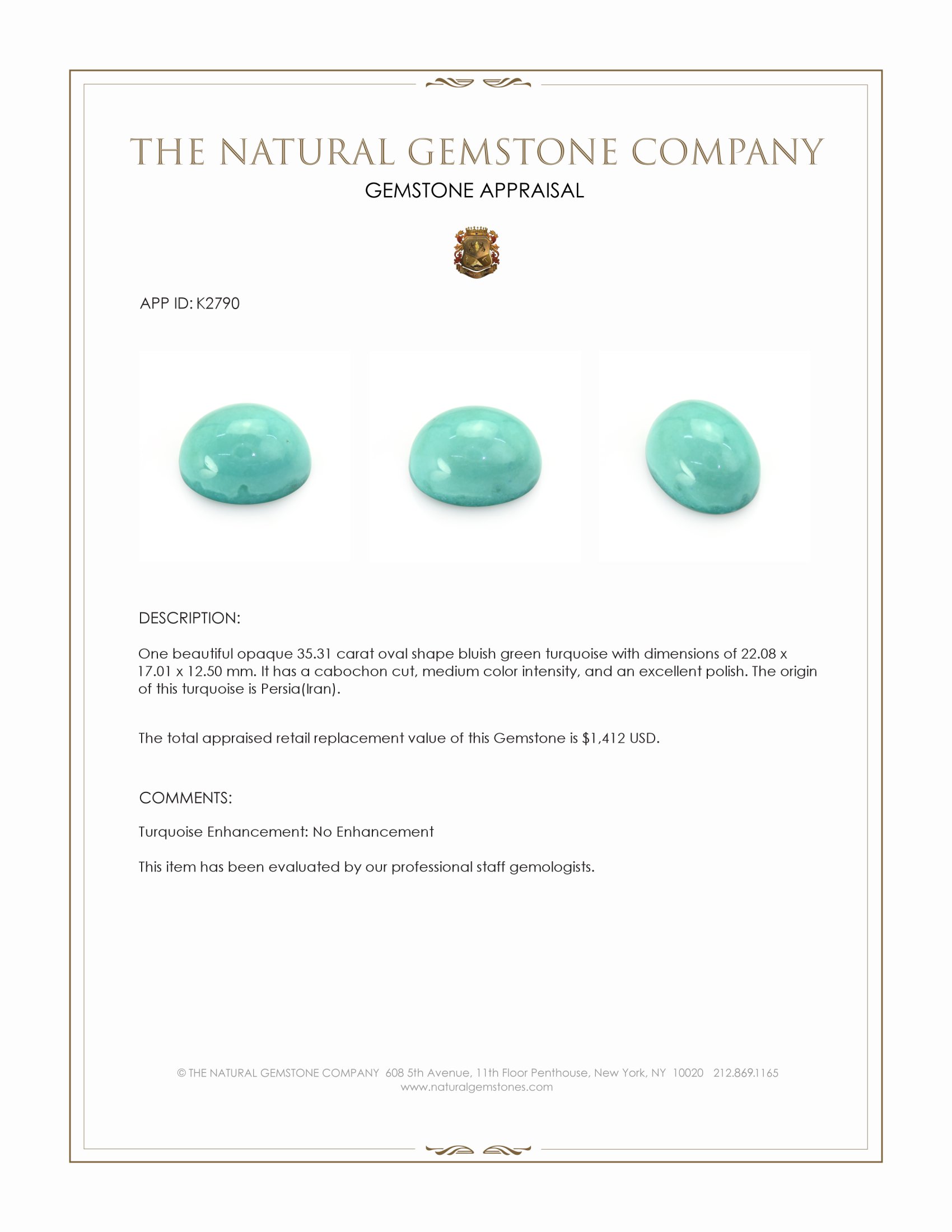 35.31 Ct. Bluish Green Cabochon Turquoise from Persia(Iran)
