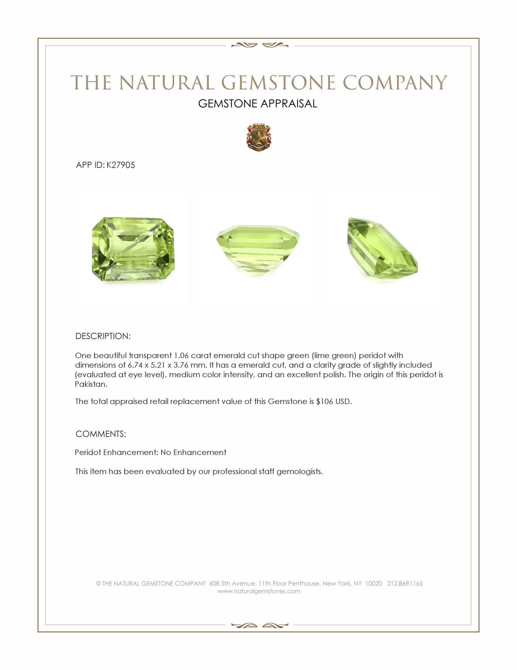 1.06 Ct. Green (Lime Green) Peridot from Pakistan