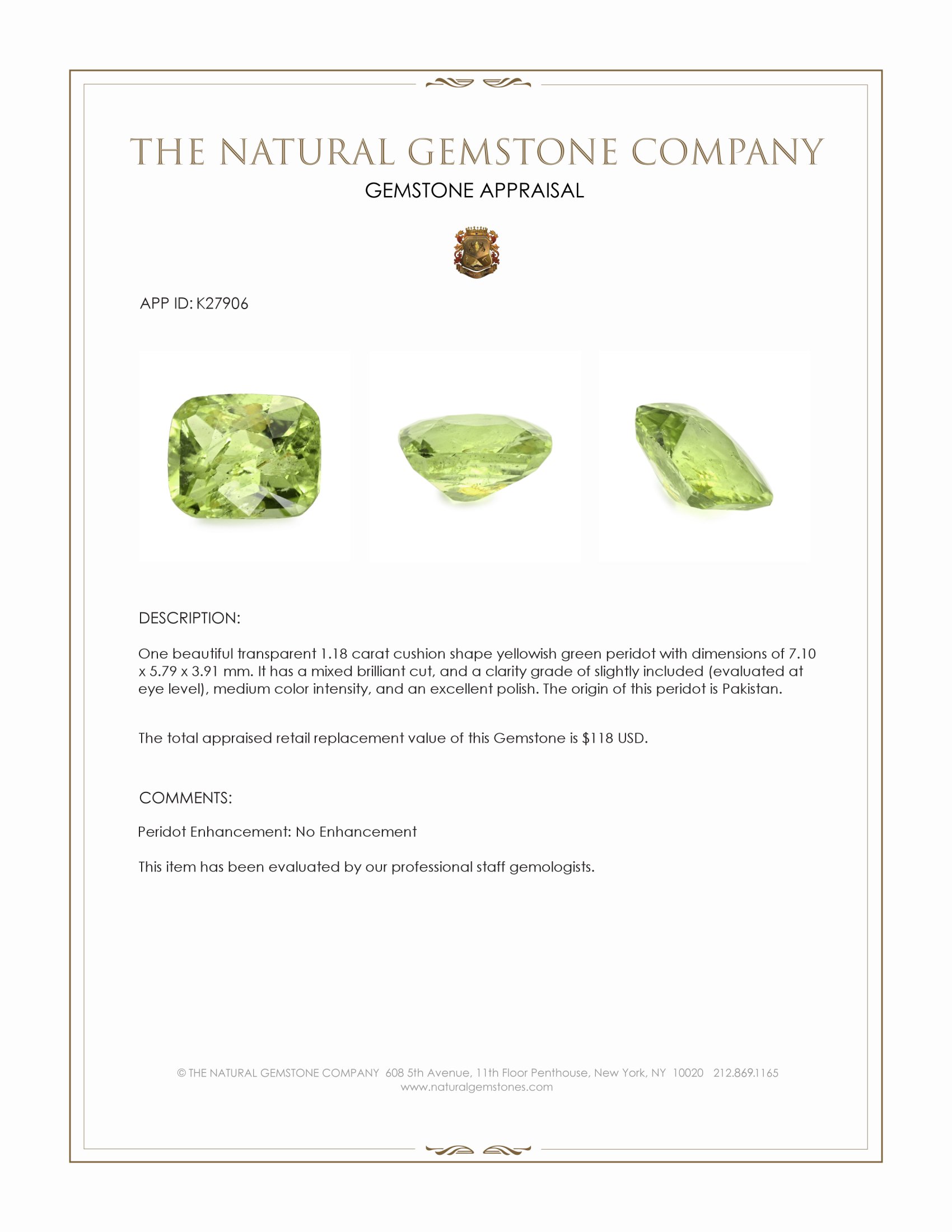 1.18 Ct. Yellowish Green Peridot from Pakistan
