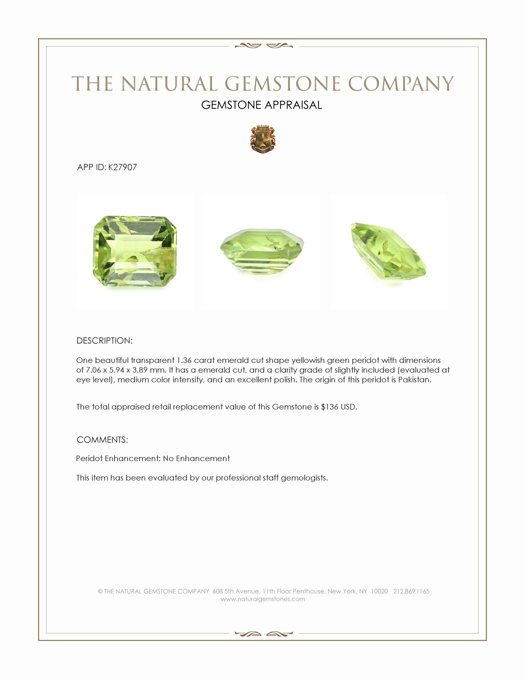 1.36 Ct. Yellowish Green Peridot from Pakistan