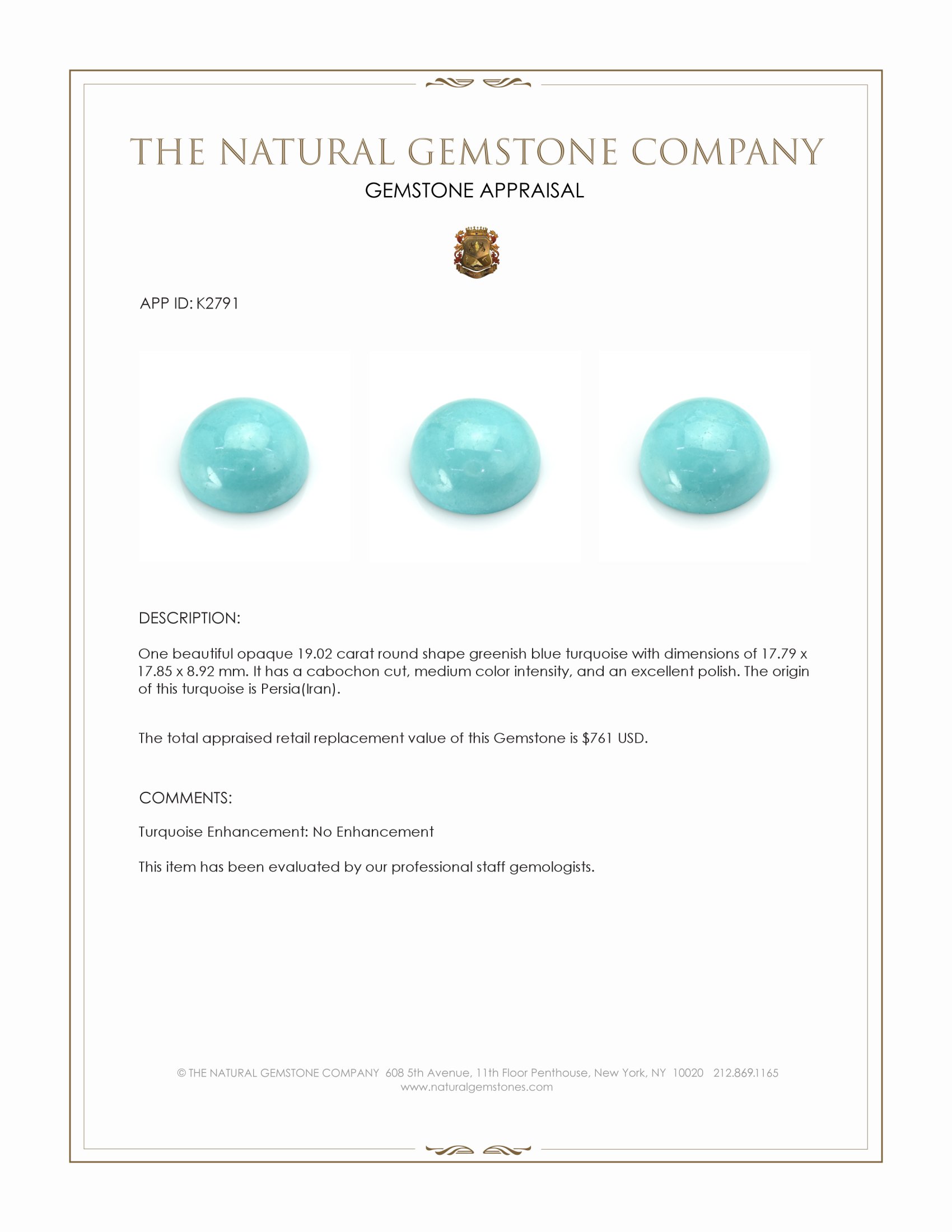 19.02 Ct. Cabochon Turquoise from Persia(Iran)