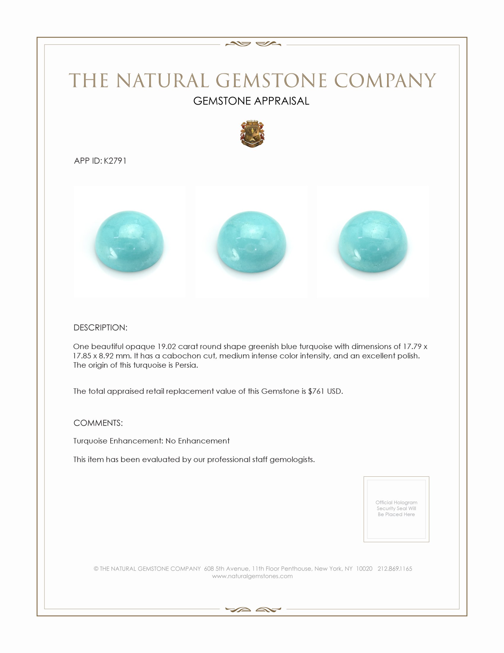 19.02 Ct. Cabochon Turquoise from Persia