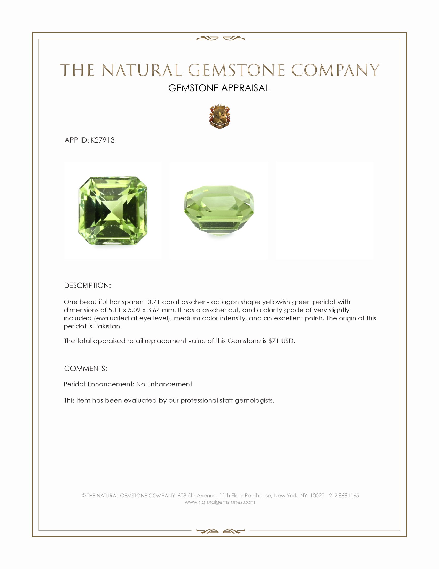 0.71 Ct. Yellowish Green Peridot from Pakistan