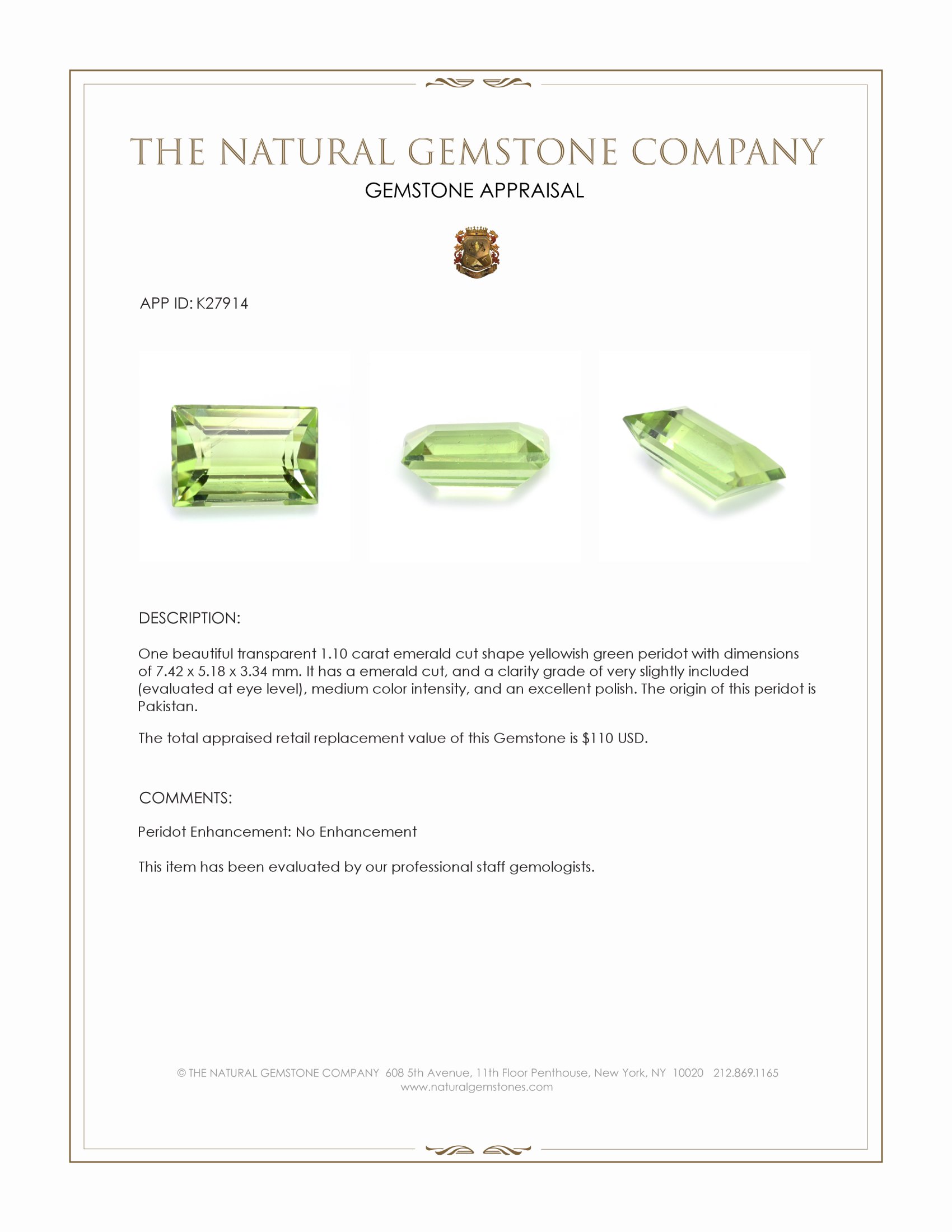 1.10 Ct. Yellowish Green Peridot from Pakistan