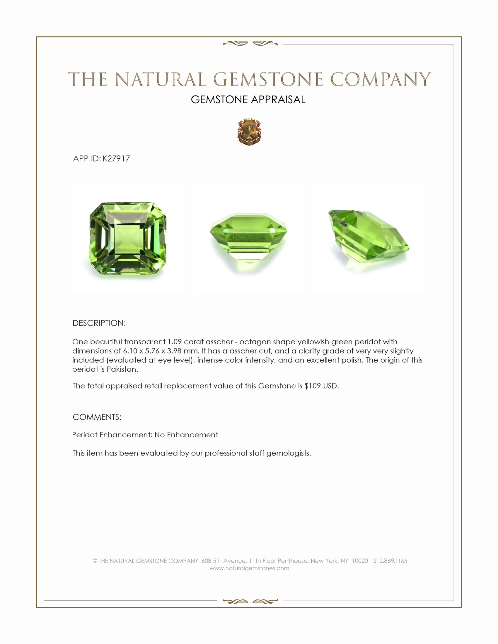 1.09 Ct. Yellowish Green Peridot from Pakistan