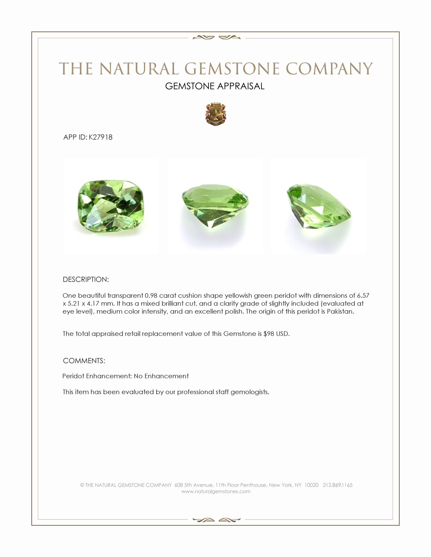 0.98 Ct. Yellowish Green Peridot from Pakistan