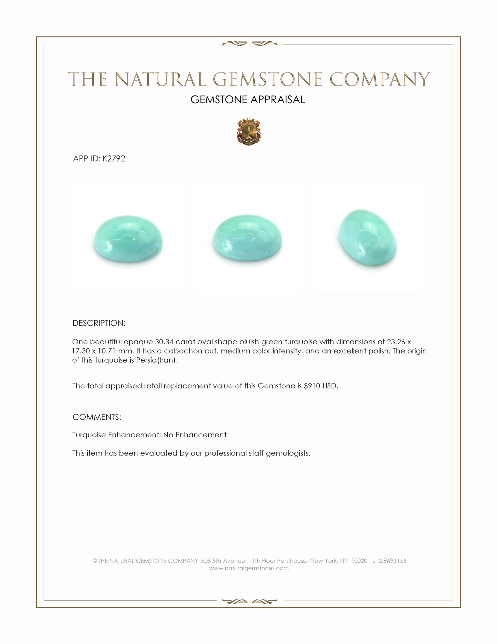 30.34 Ct. Bluish Green Cabochon Turquoise from Persia(Iran)