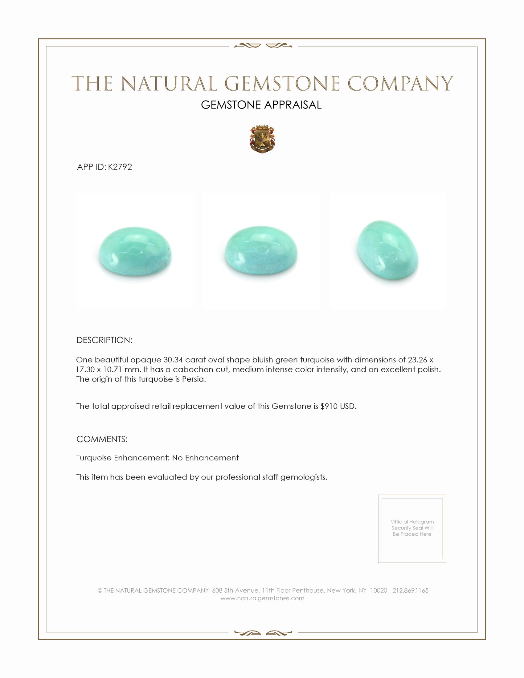 30.34 Ct. Cabochon Turquoise from Persia