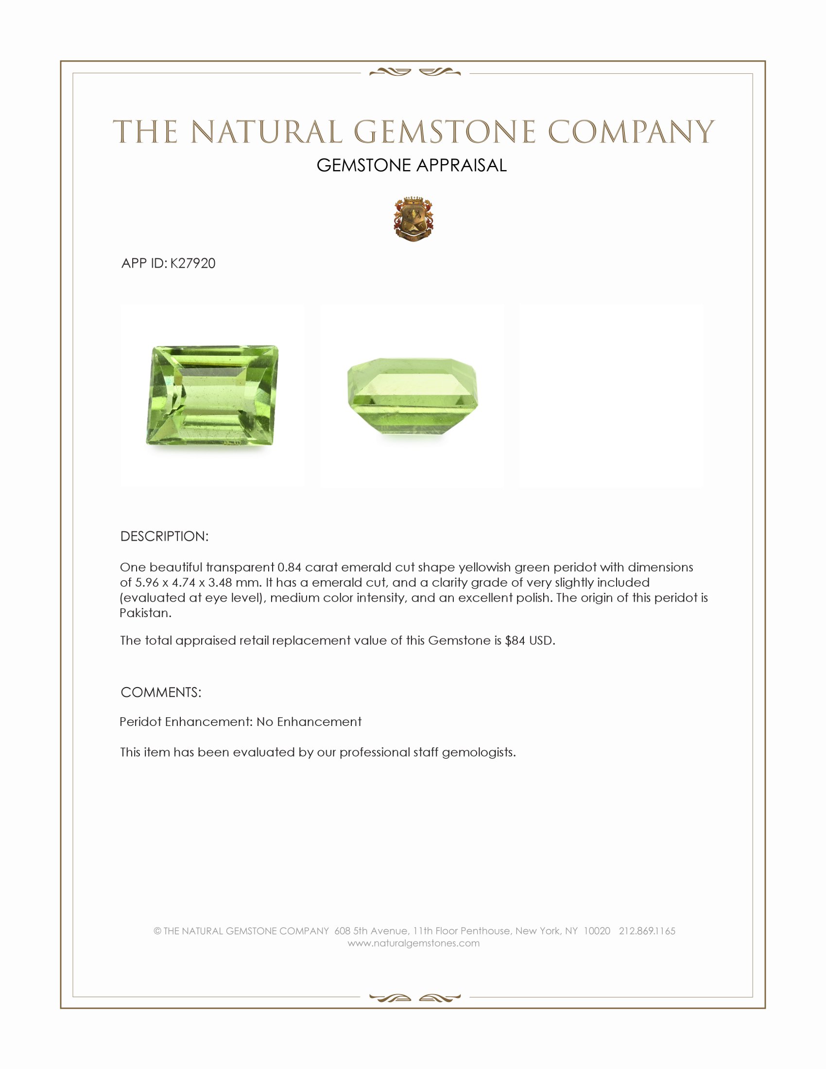 0.84 Ct. Yellowish Green Peridot from Pakistan