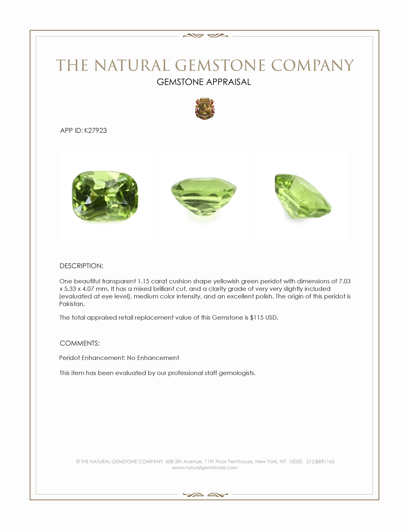 1.15 Ct. Yellowish Green Peridot from Pakistan
