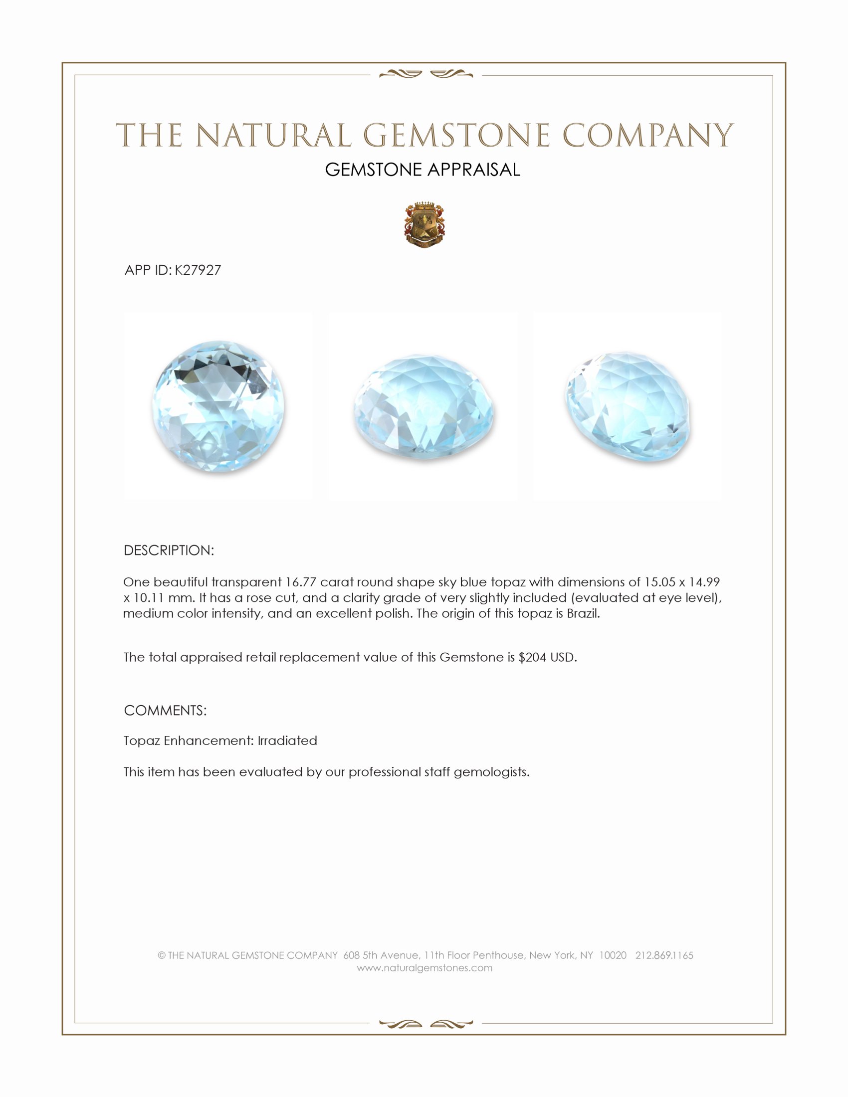 16.77 Ct. Sky Blue Topaz from Brazil