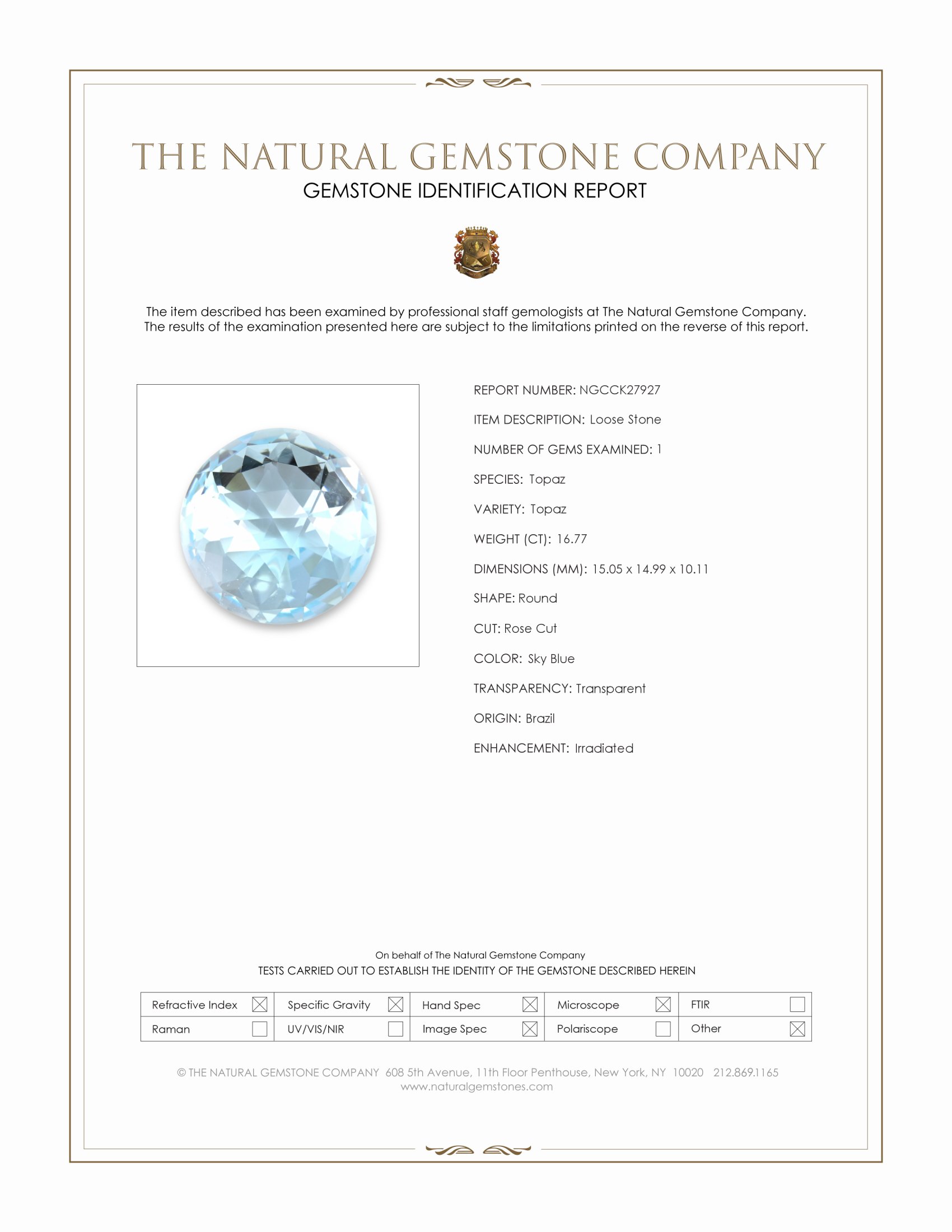 16.77 Ct. Sky Blue Topaz from Brazil