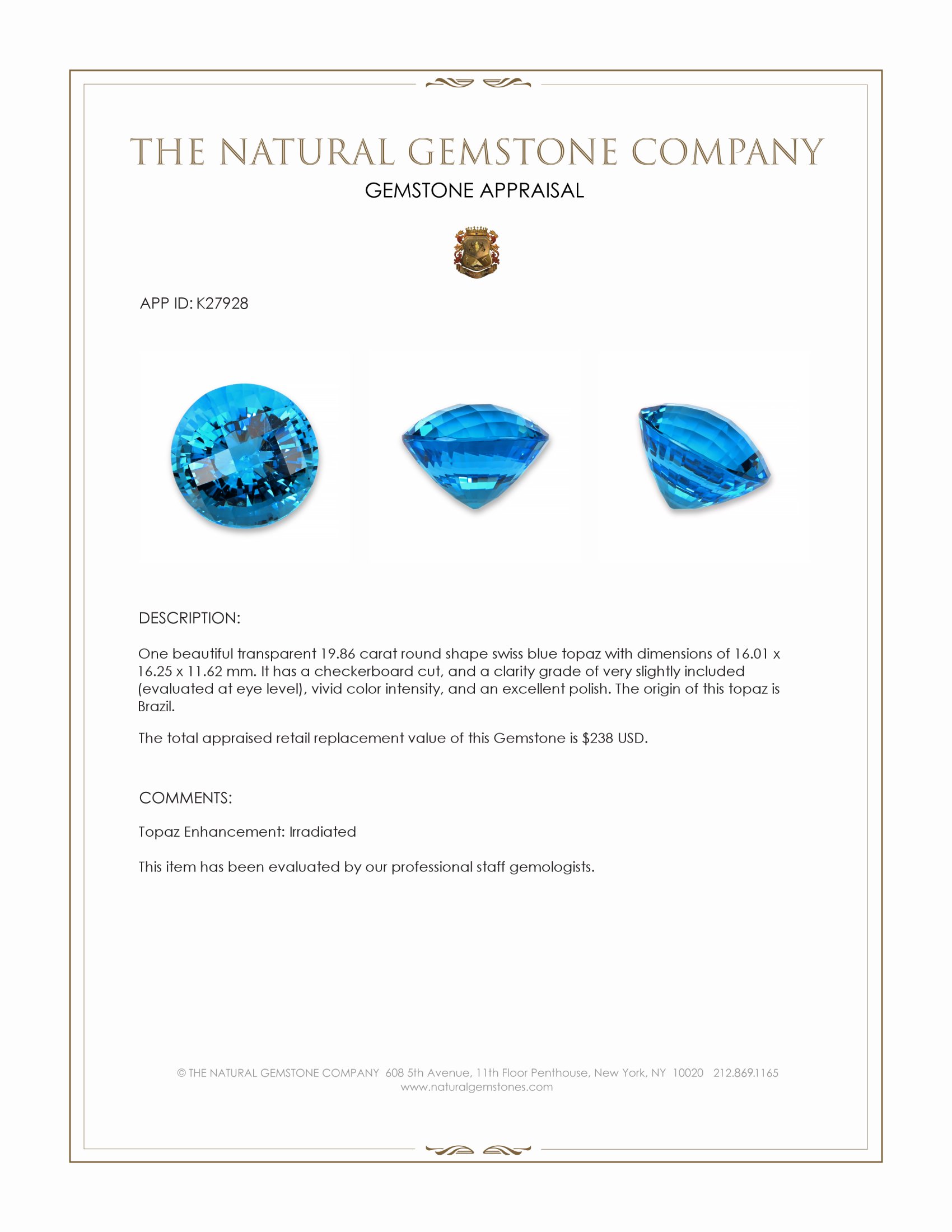 19.86 Ct. Swiss Blue Topaz from Brazil