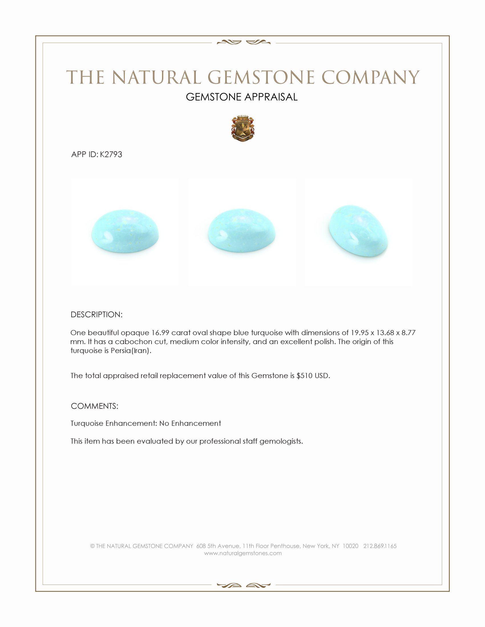 16.99 Ct. Blue Cabochon Turquoise from Persia(Iran)