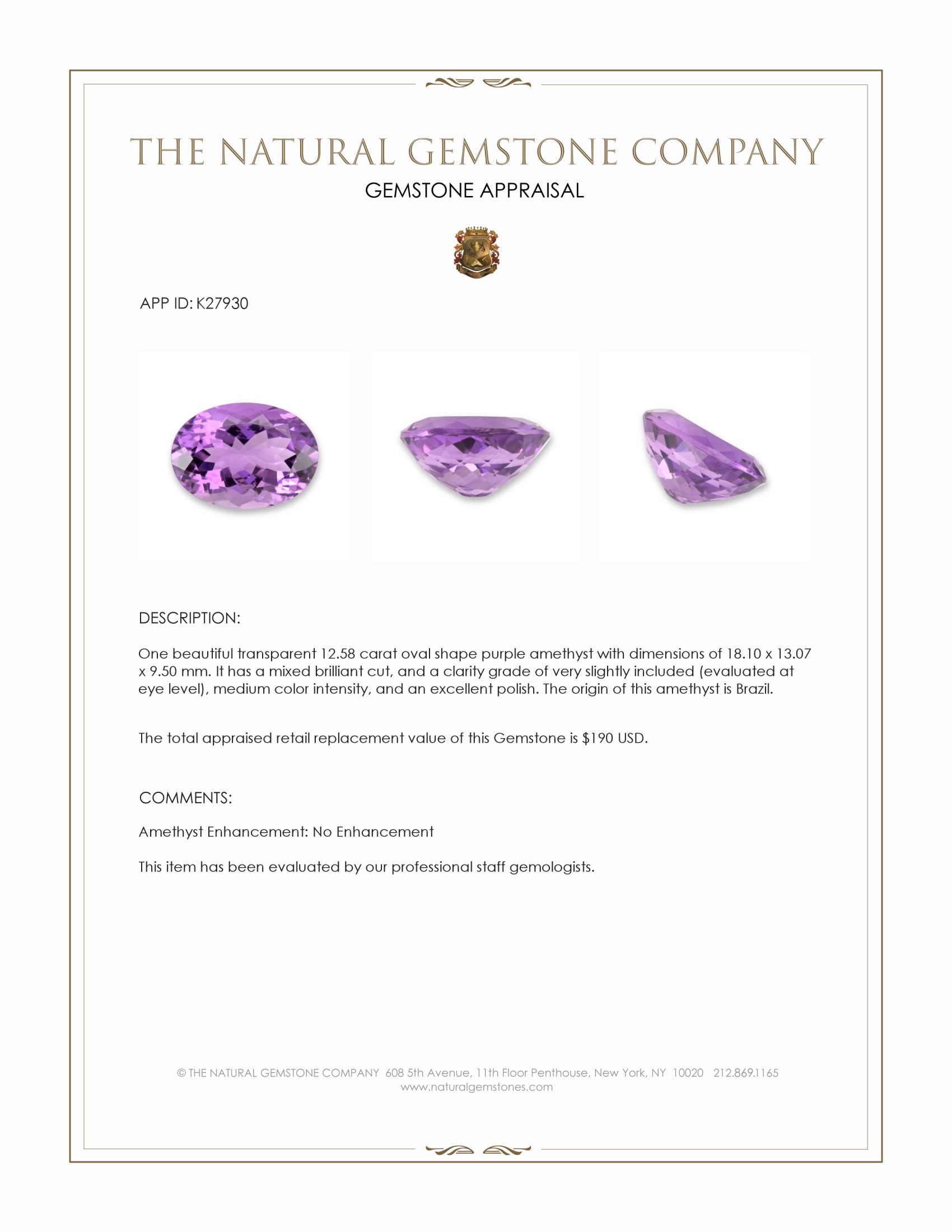 12.58 Ct. Purple Amethyst from Brazil