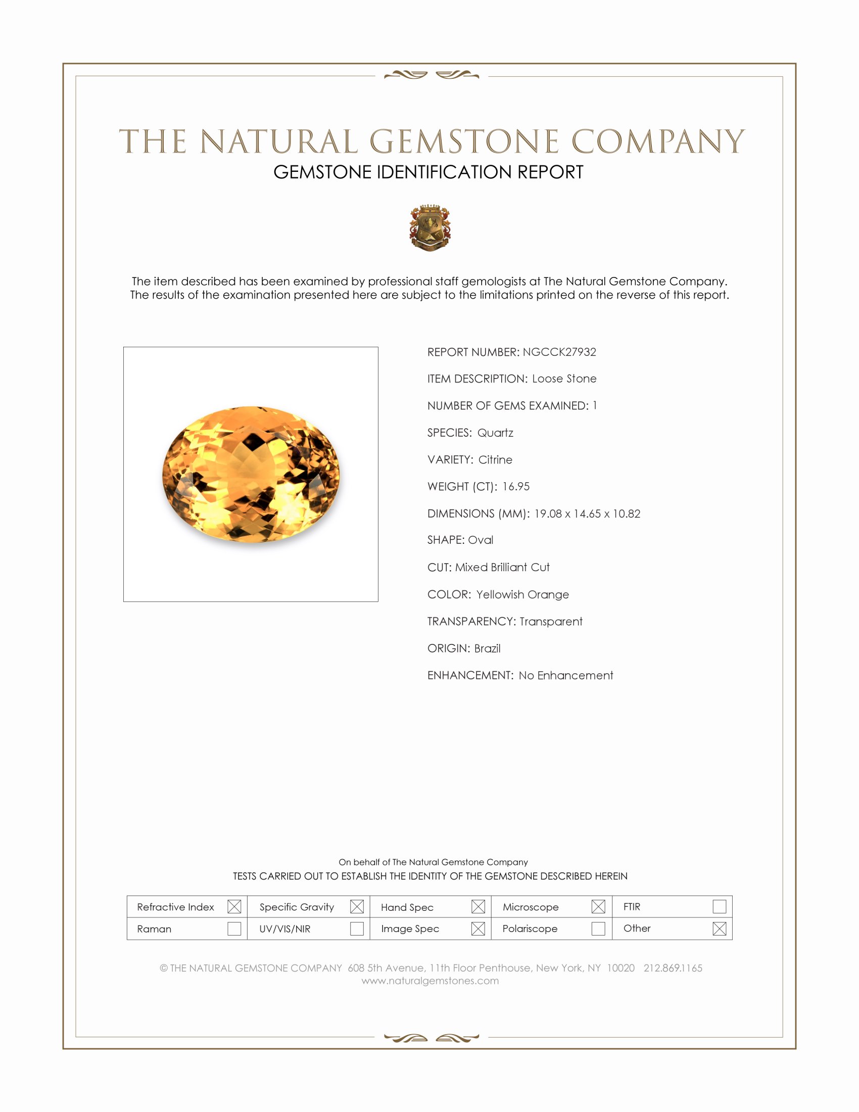 16.95 Ct. Yellowish Orange Citrine from Brazil