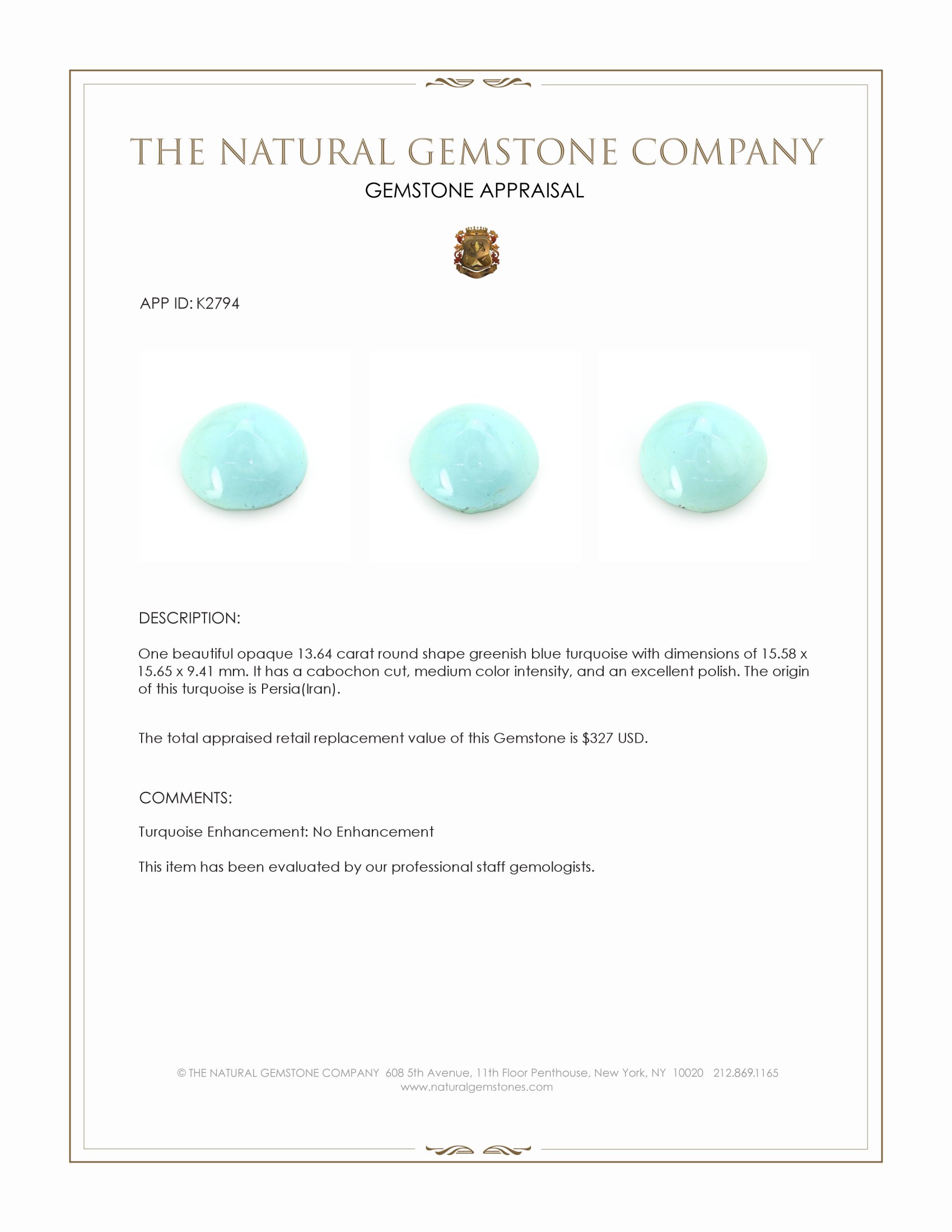 13.64 Ct. Greenish Blue Cabochon Turquoise from Persia(Iran)