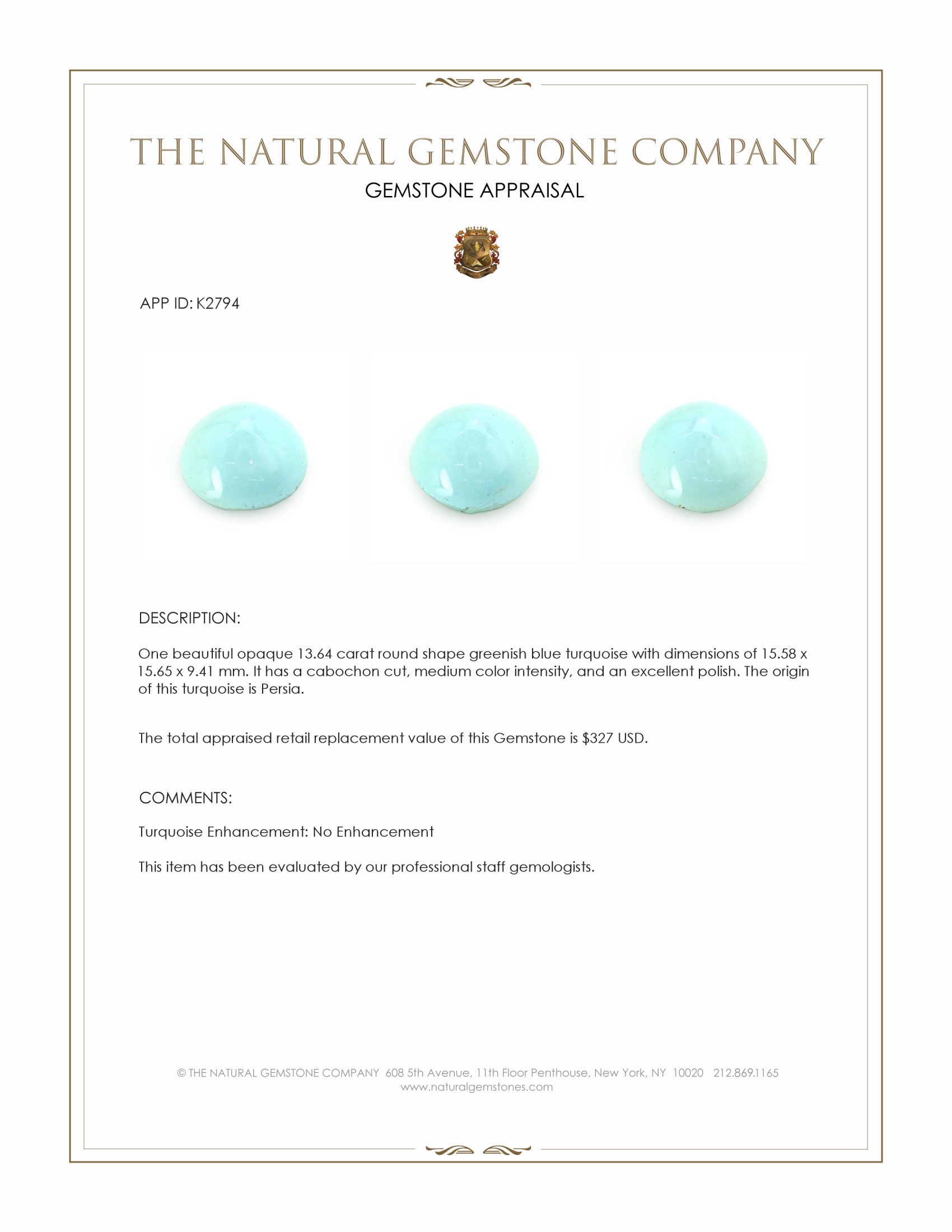 13.64 Ct. Cabochon Turquoise from Persia