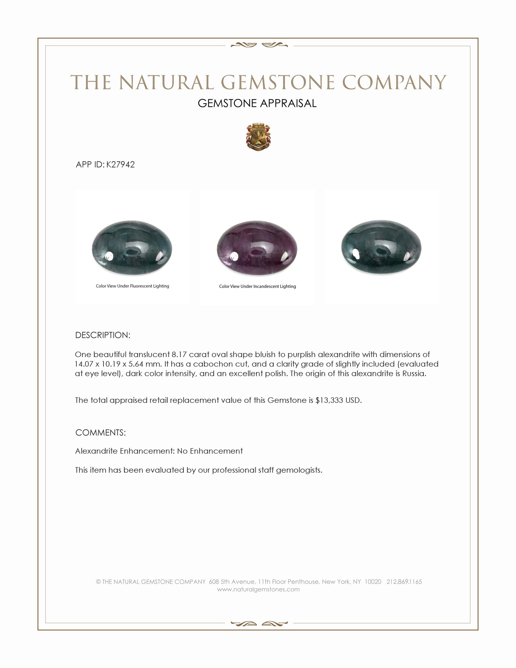 8.17 Ct. Cabochon Alexandrite from Russia