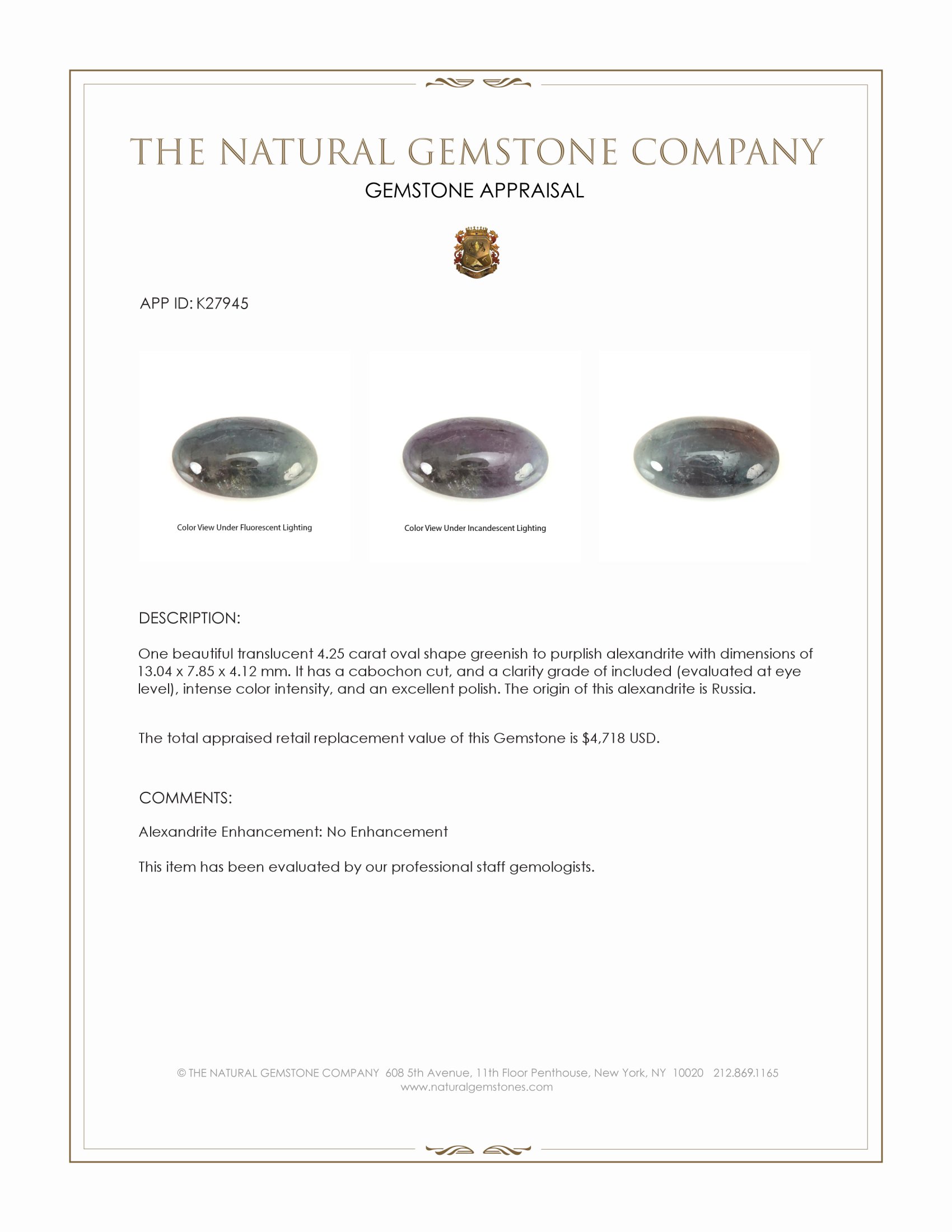 4.25 Ct. Cabochon Alexandrite from Russia