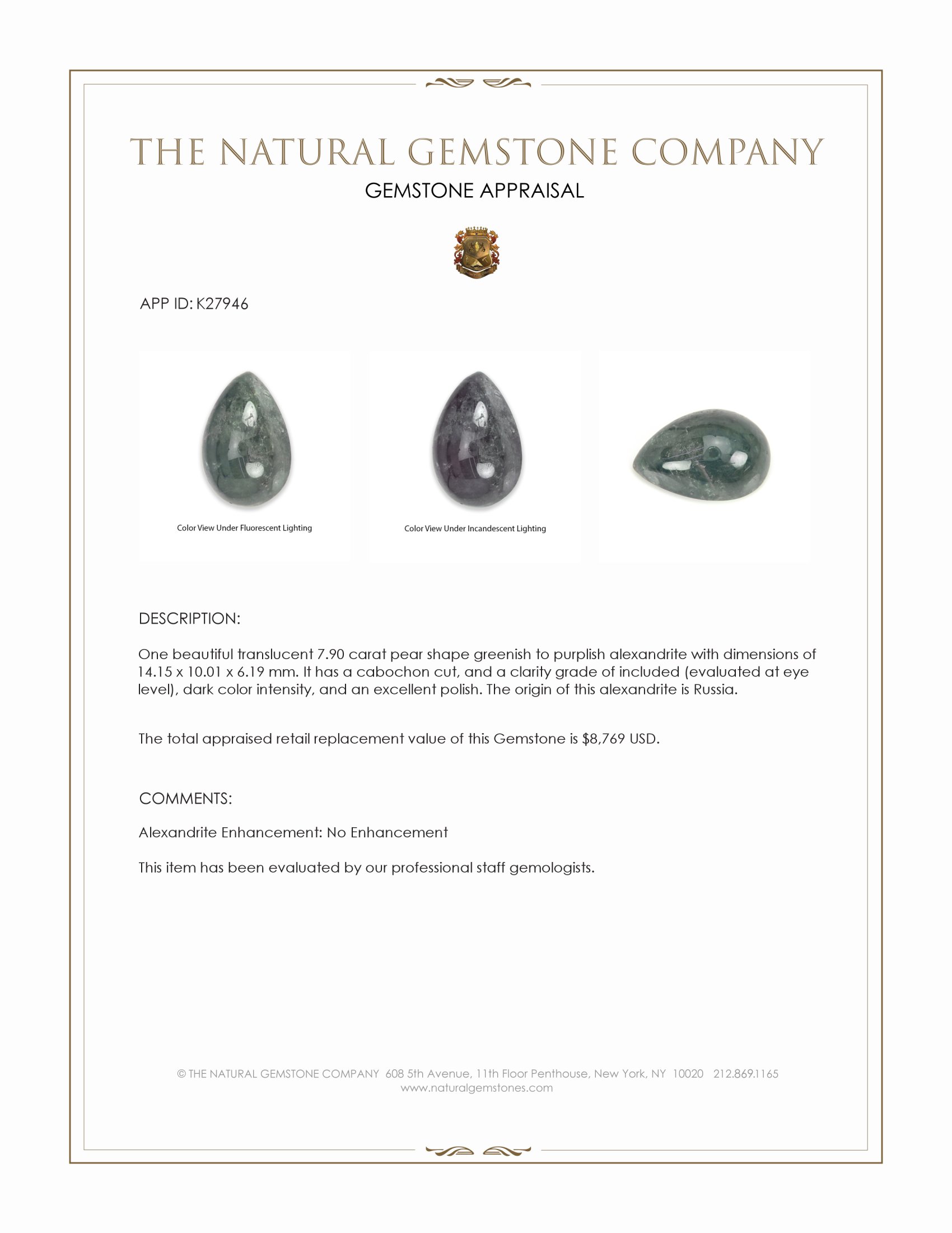 7.90 Ct. Cabochon Alexandrite from Russia