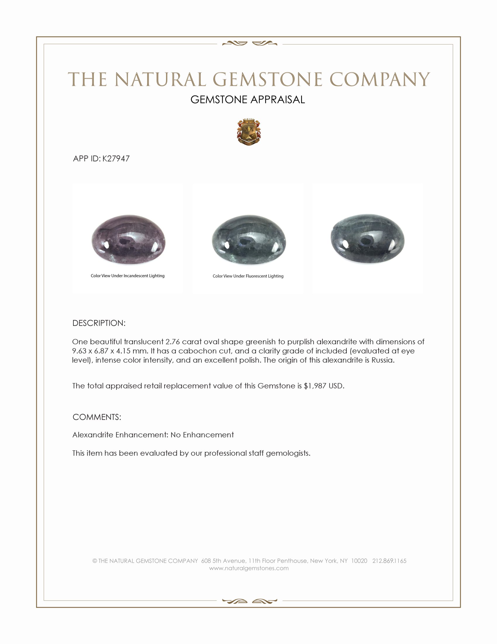 2.76 Ct. Cabochon Alexandrite from Russia