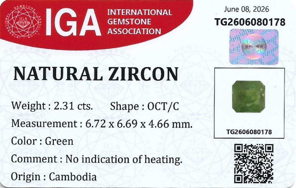 2.31 Ct. Green Zircon from Cambodia