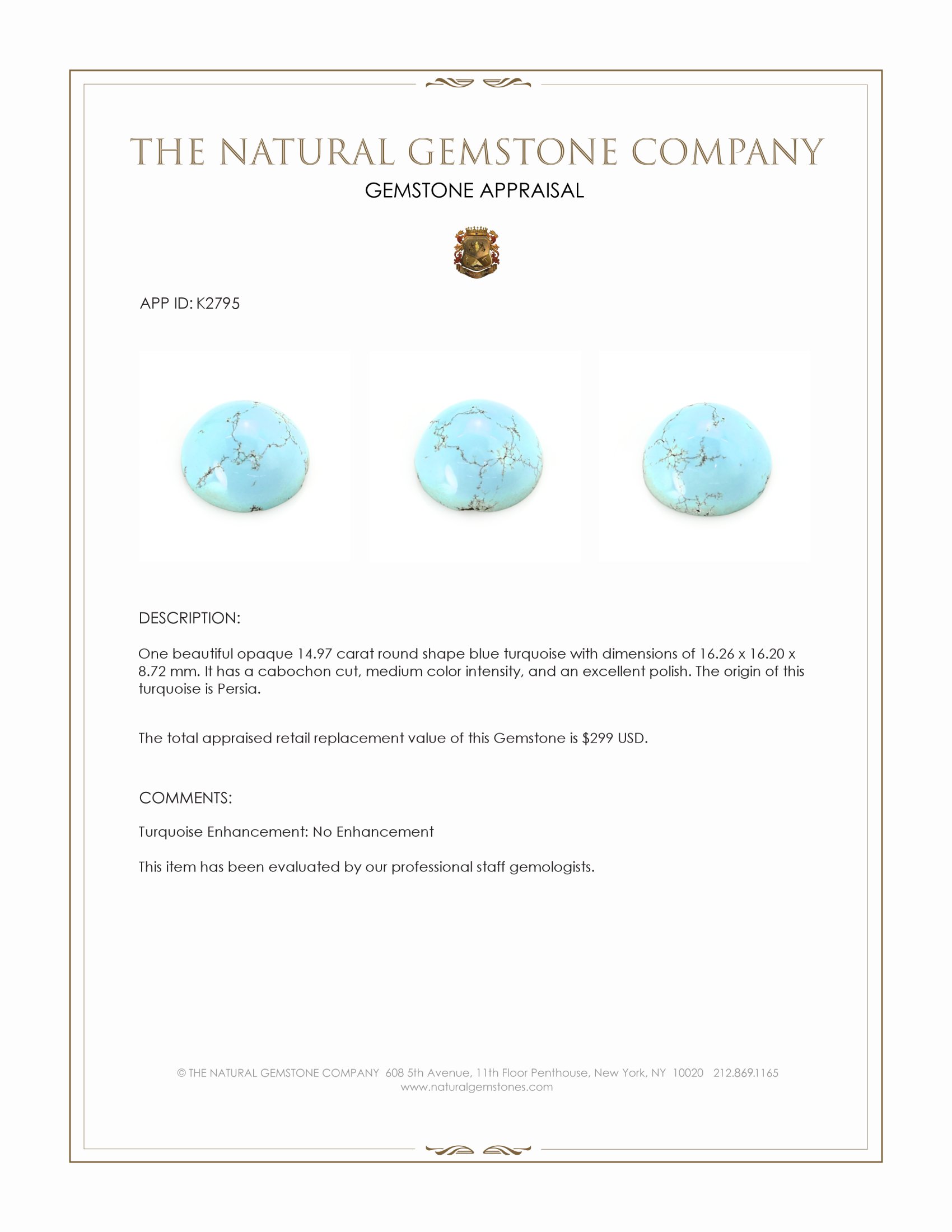 14.97 Ct. Blue Cabochon Turquoise from Persia(Iran)