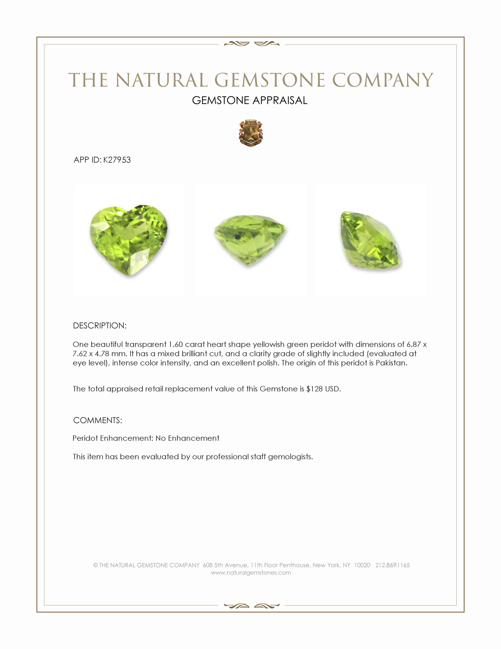 1.60 Ct. Yellowish Green Peridot from Pakistan