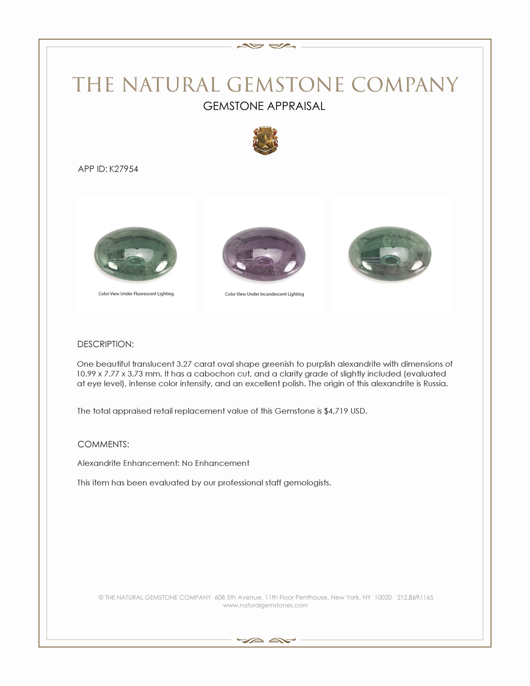 3.27 Ct. Cabochon Alexandrite from Russia