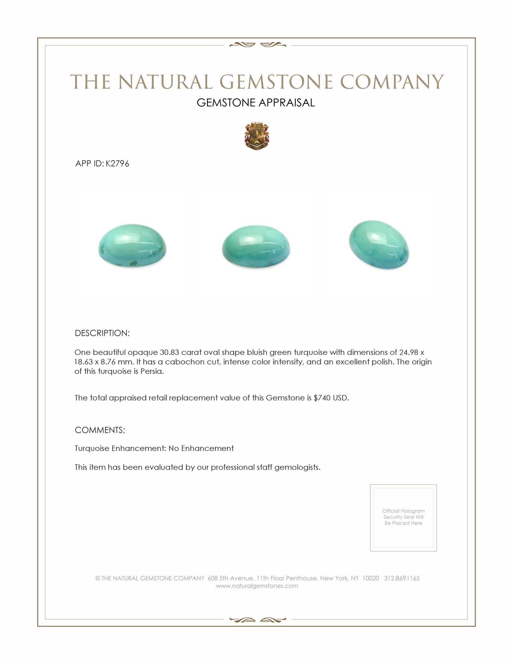 30.83 Ct. Cabochon Turquoise from Persia