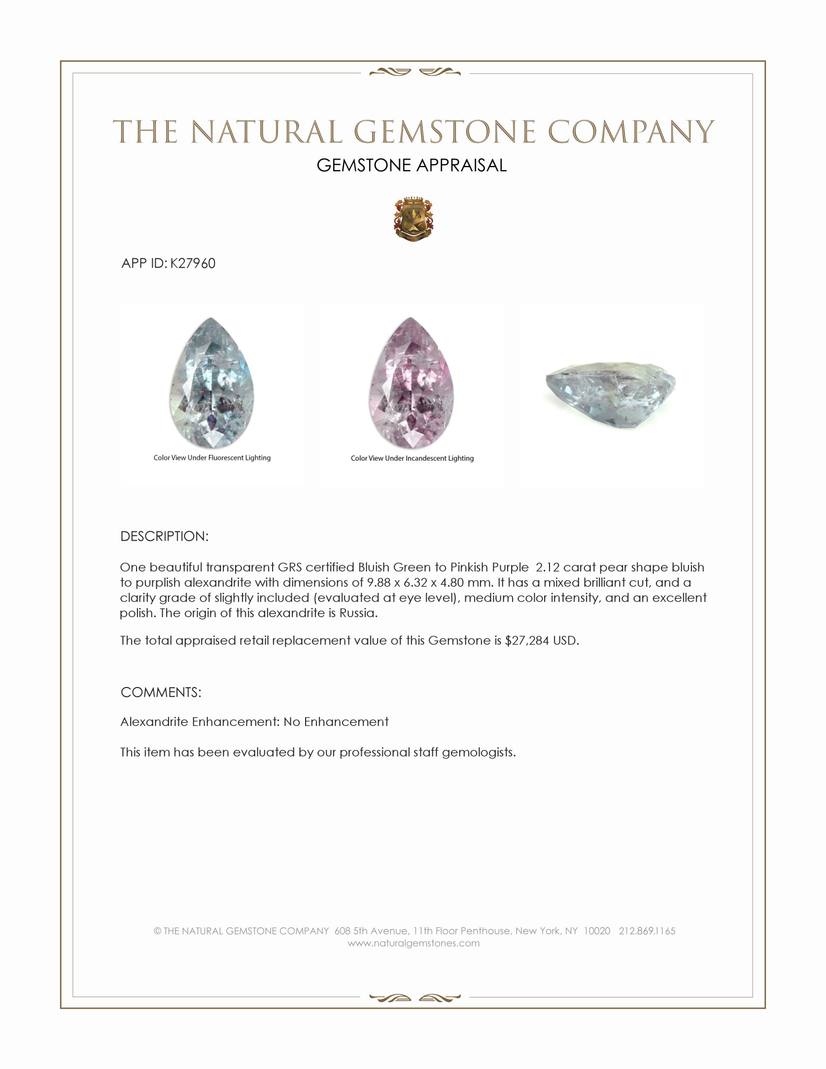 2.12 Ct. Alexandrite from Russia