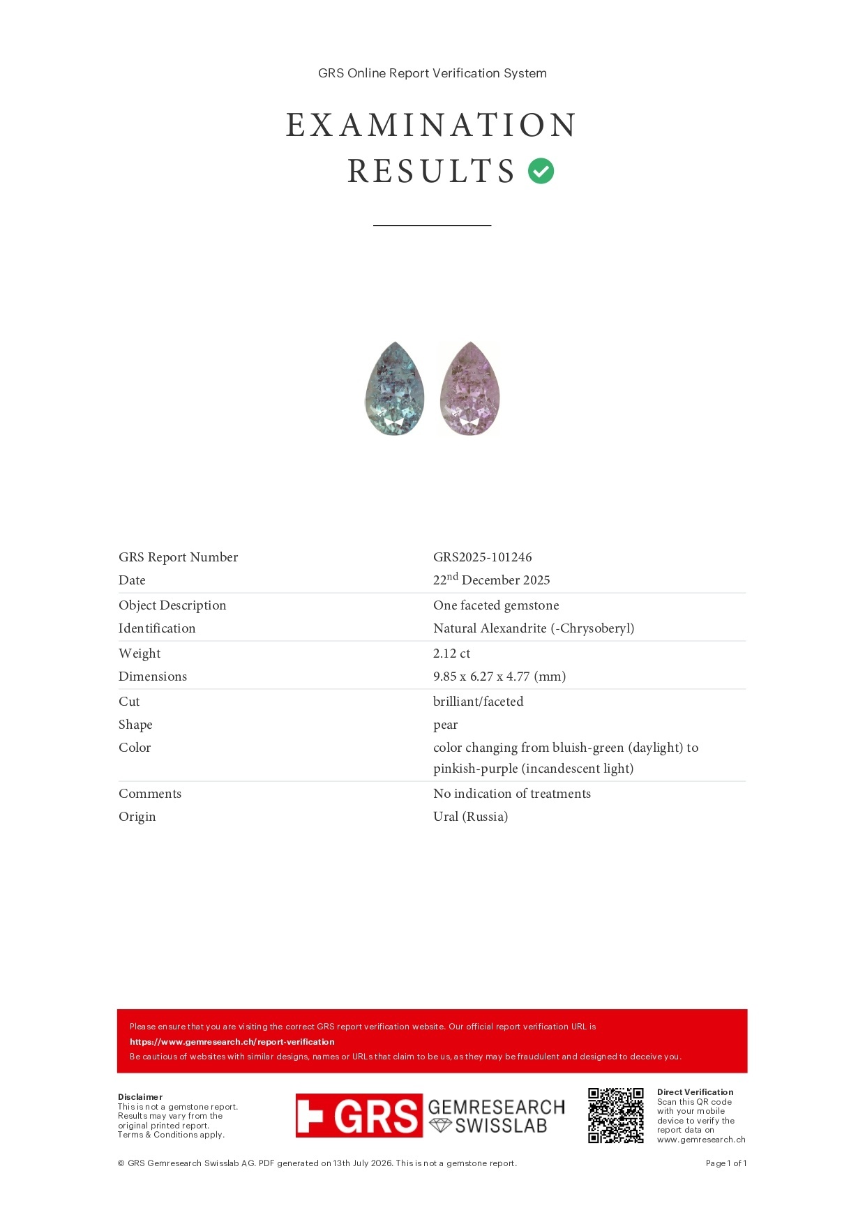 2.12 Ct. Alexandrite from Russia