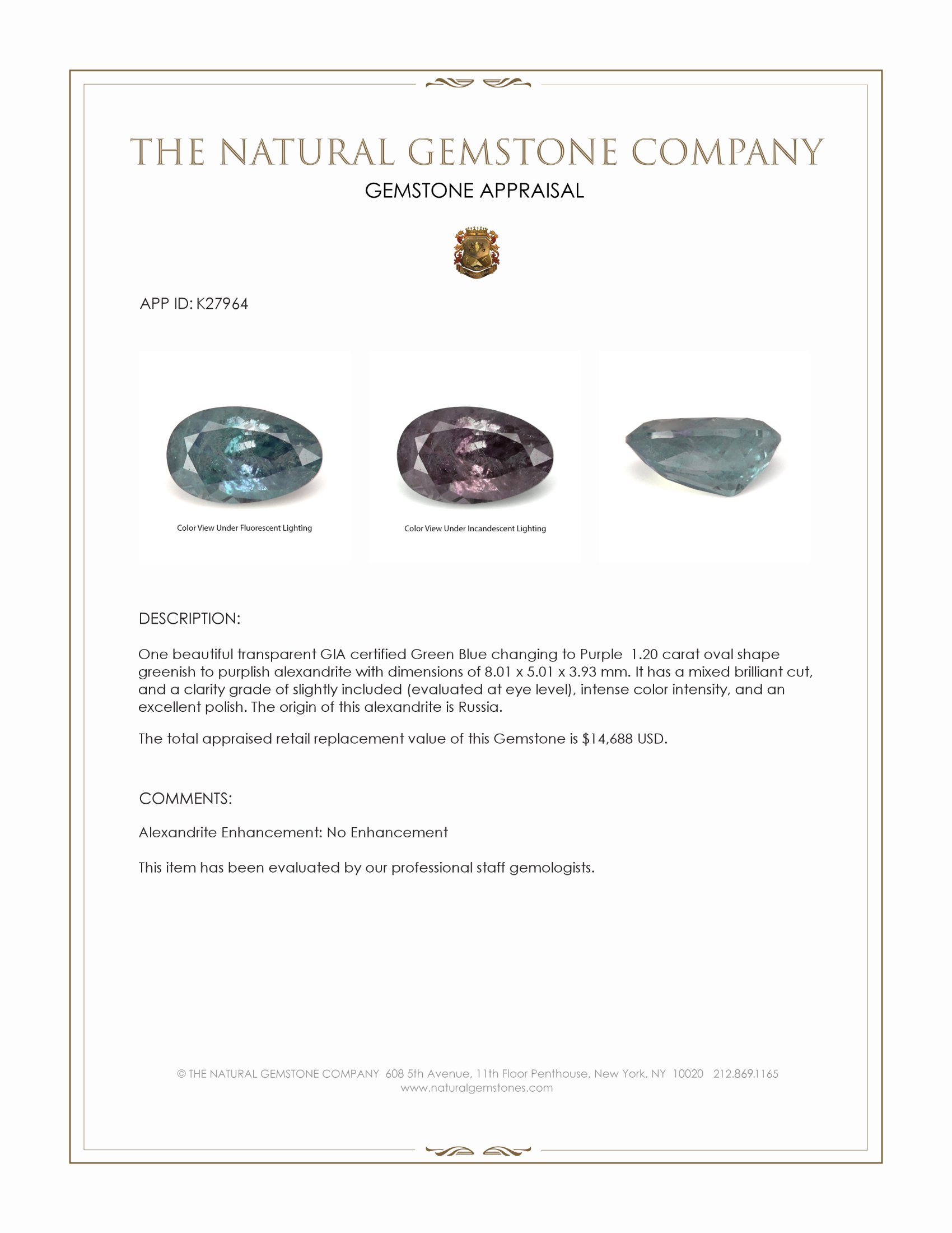 1.20 Ct. Alexandrite from Russia
