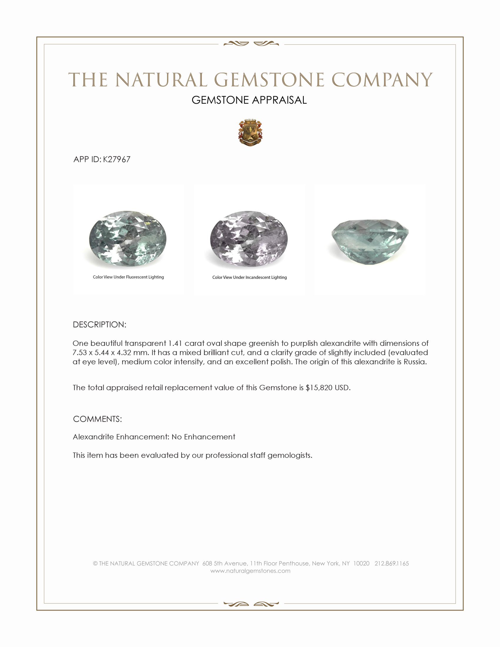 1.41 Ct. Alexandrite from Russia