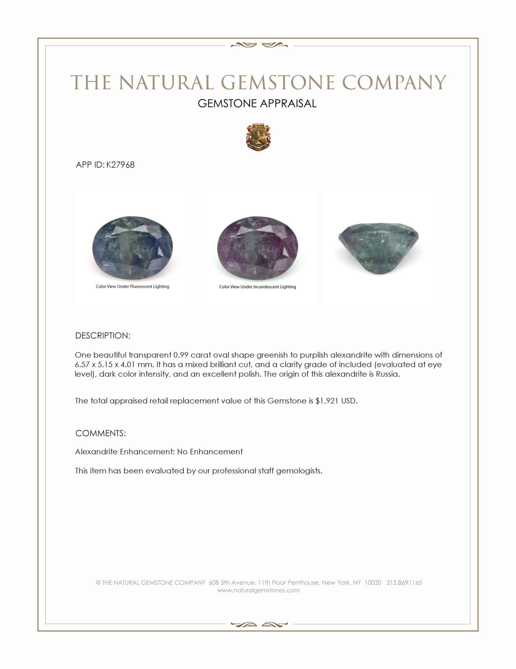 0.99 Ct. Alexandrite from Russia