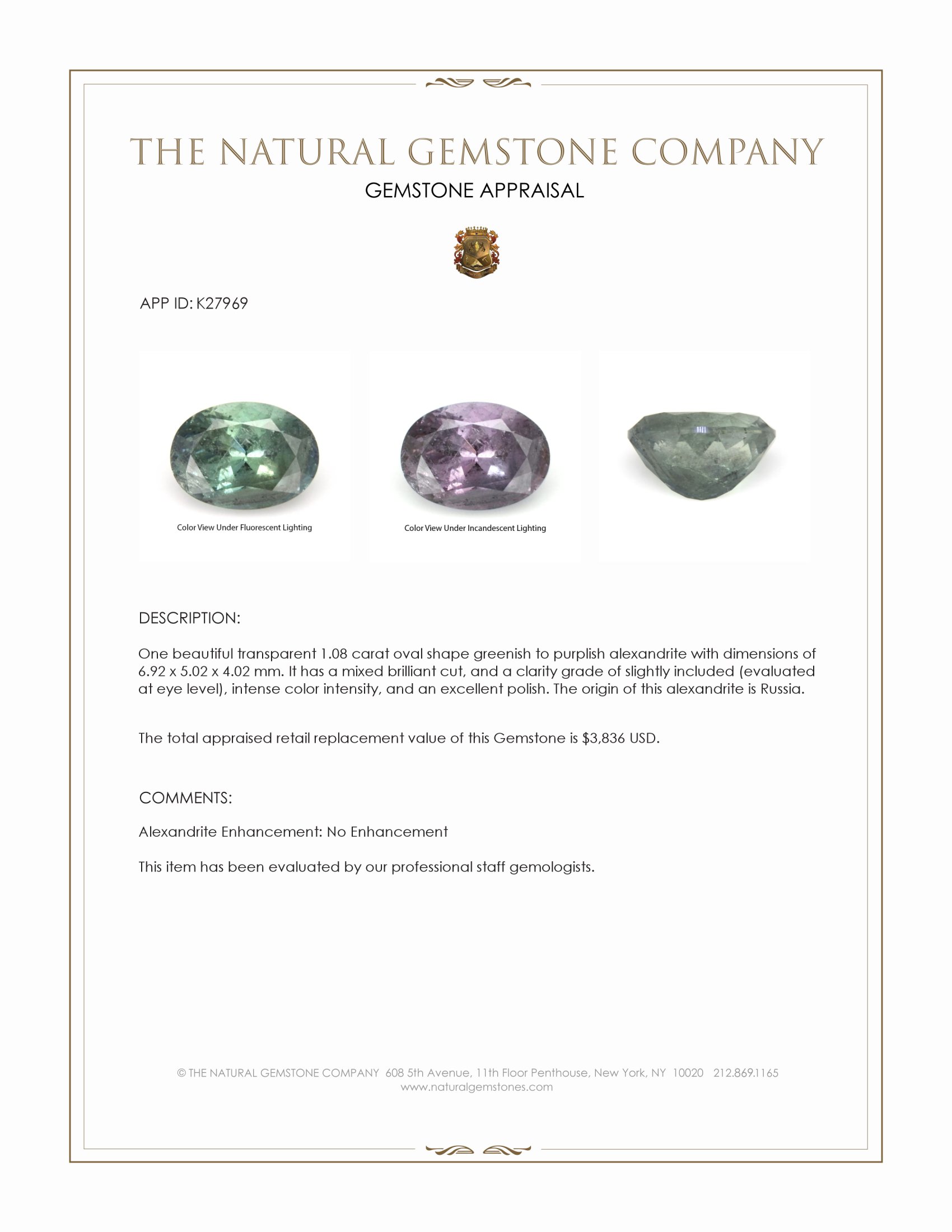 1.08 Ct. Alexandrite from Russia